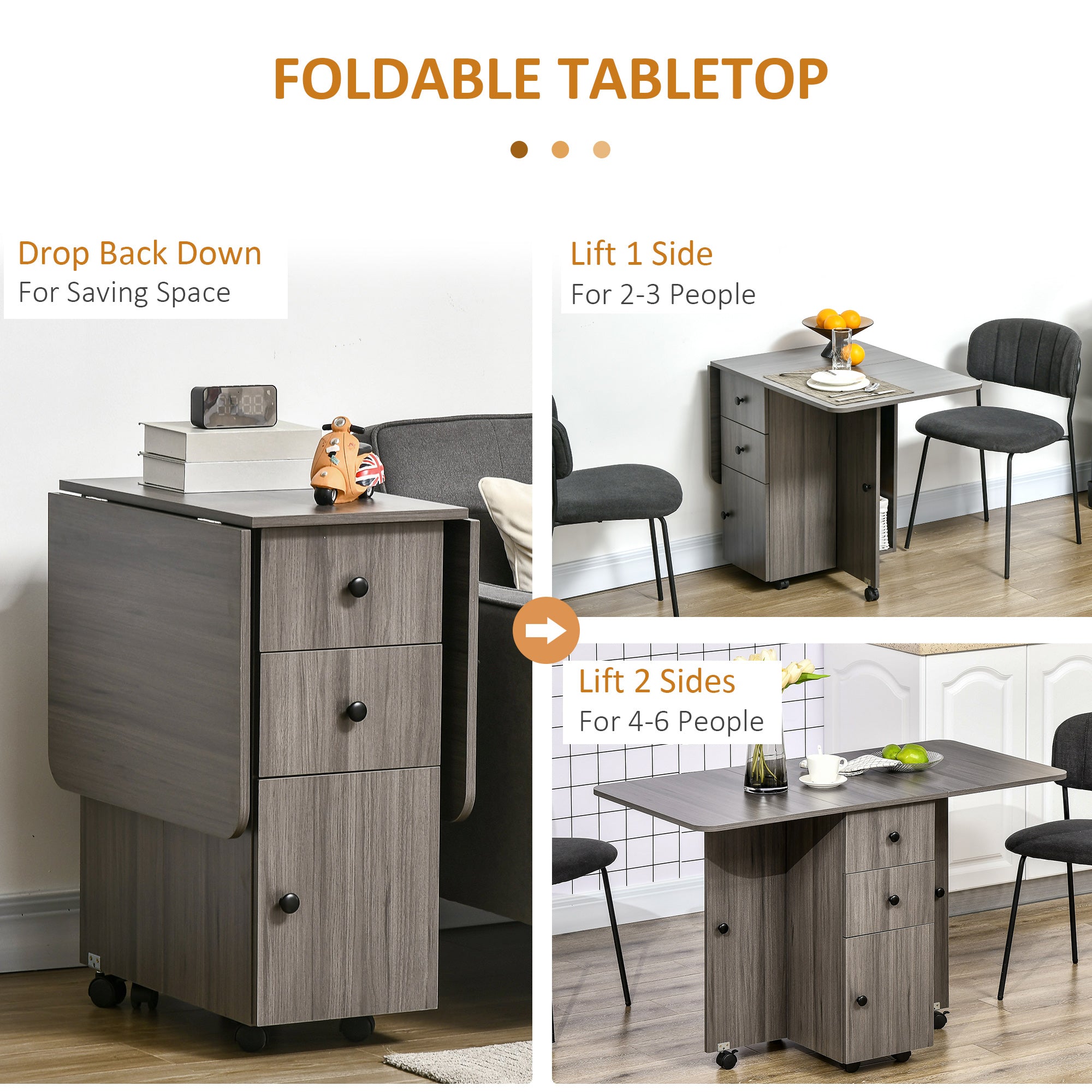 HOMCOM Foldable Dining Table, Rolling Kitchen Table With Storage Drawers and Cabinet, Drop Leaf Table on Wheels, Grey