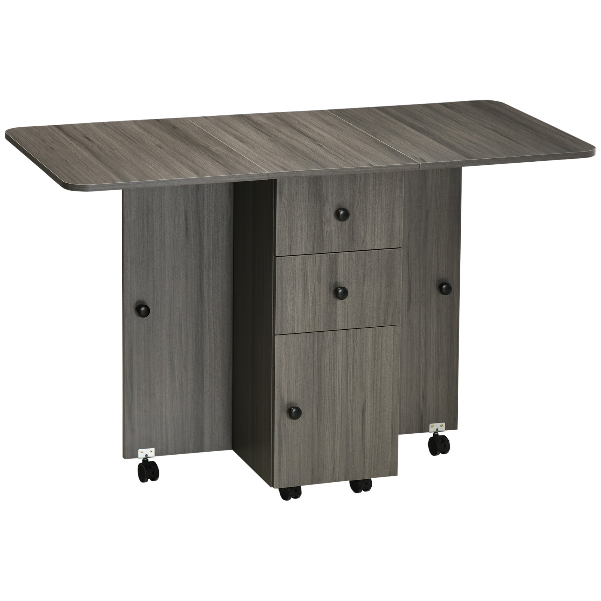 HOMCOM Foldable Dining Table, Rolling Kitchen Table With Storage Drawers and Cabinet, Drop Leaf Table on Wheels, Grey