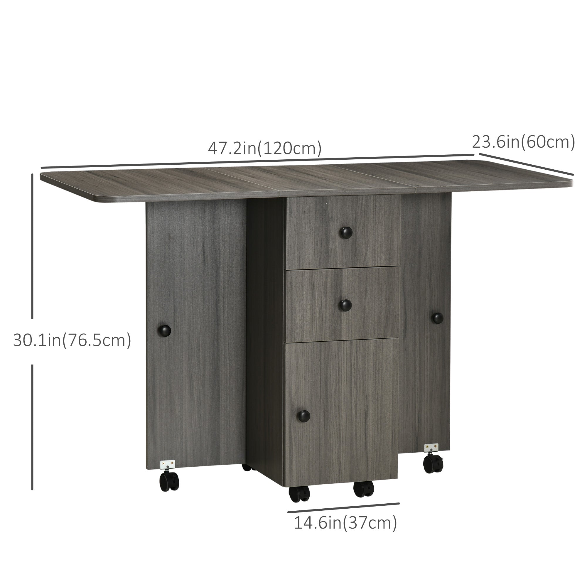 HOMCOM Foldable Dining Table, Rolling Kitchen Table With Storage Drawers and Cabinet, Drop Leaf Table on Wheels, Grey