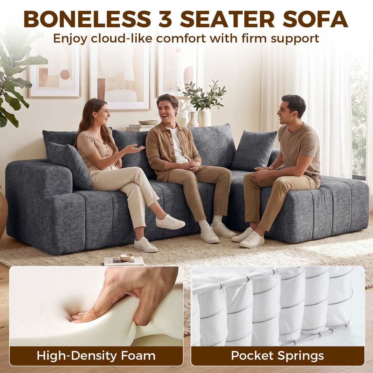 101" Modular Sectional Sofa with Chaise, Chenille Boneless Cloud Sofa Bed, 3 Seater L-Shaped Couch with Spring Cushion, Wide and Deep Seat, Wide Arms, No Assembly, Grey