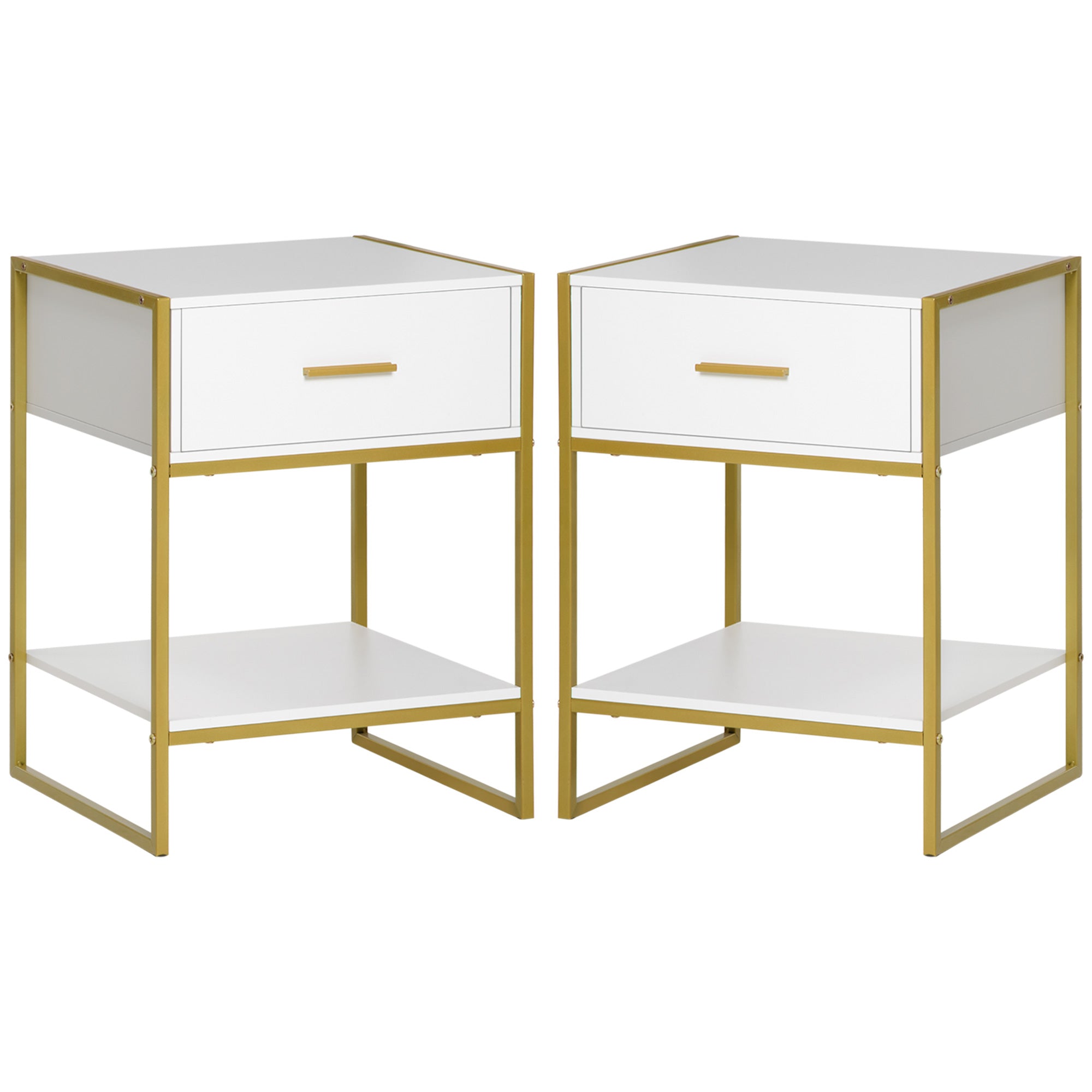 HOMCOM Bedside Table Set of 2, Modern Side Table with Drawer and Shelf, Nightstand for Bedroom, White
