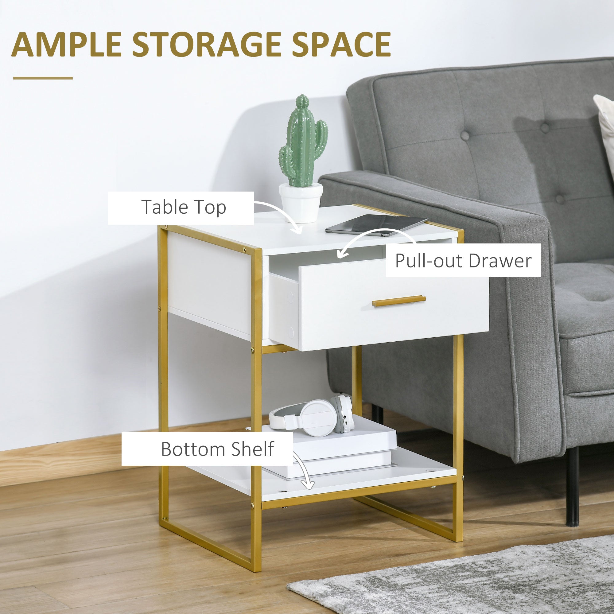 HOMCOM Bedside Table Set of 2, Modern Side Table with Drawer and Shelf, Nightstand for Bedroom, White