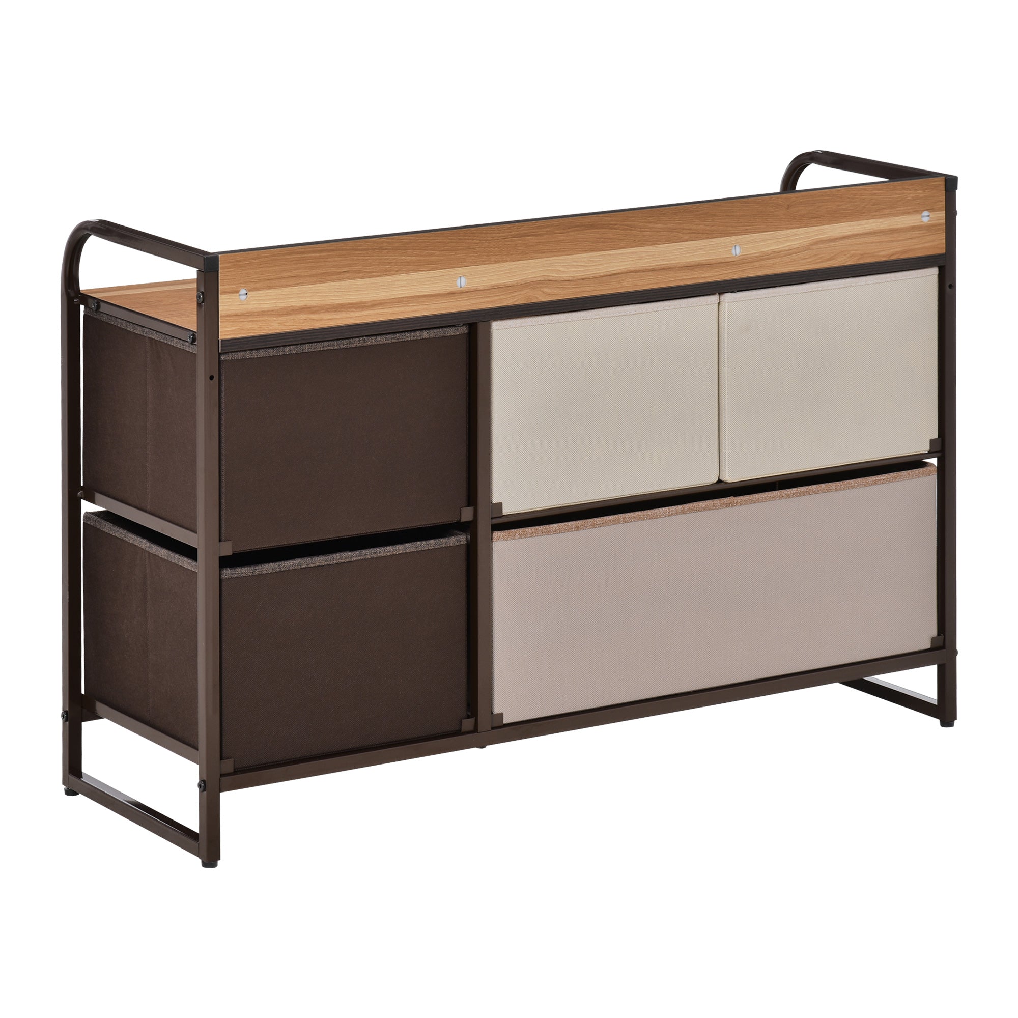 5-Drawer Dresser, Fabric Chest of Drawers, 2-Tier Storage Organizer for Bedroom Entryway, Tower Unit with Steel Frame Wooden Top, Maple Wood