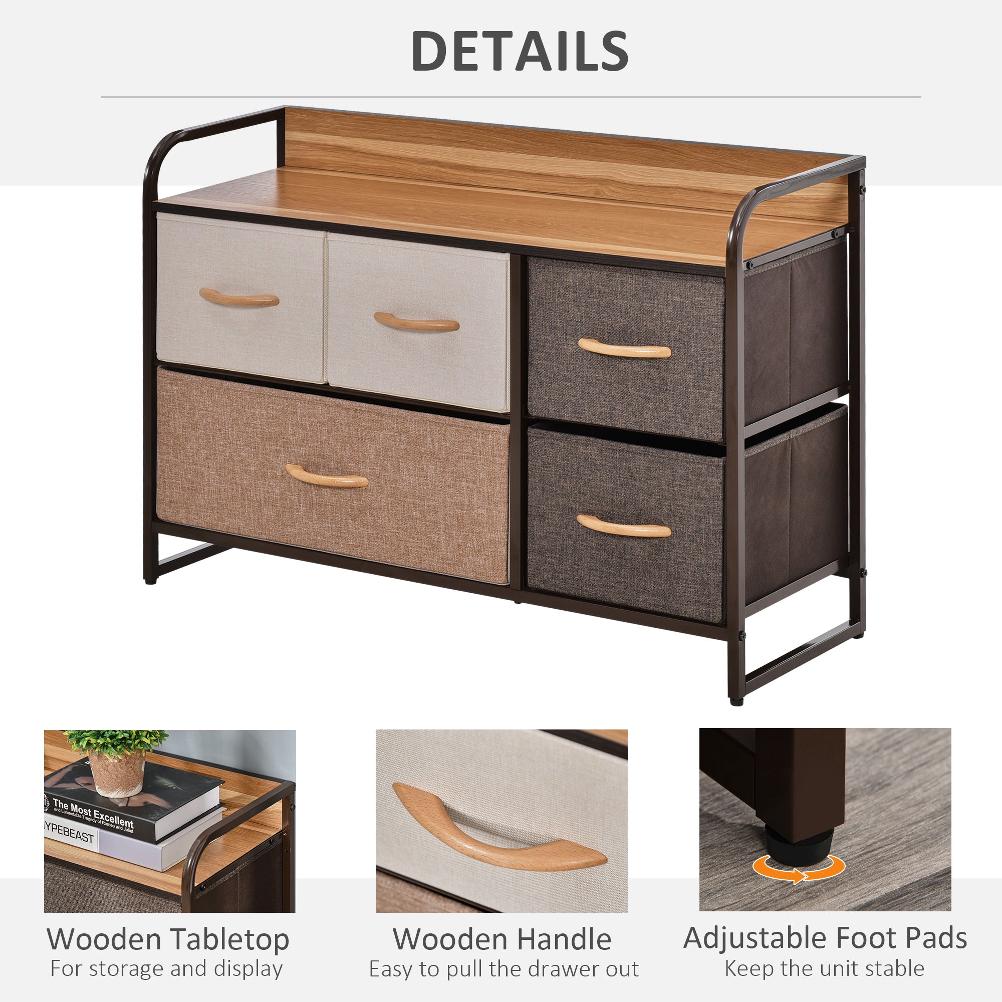 HOMCOM 5-Drawer Dresser, Fabric Chest of Drawers, 2-Tier Storage Tower with Steel Frame and Wooden Top for Bedroom, Nursery Room, Multicoloured
