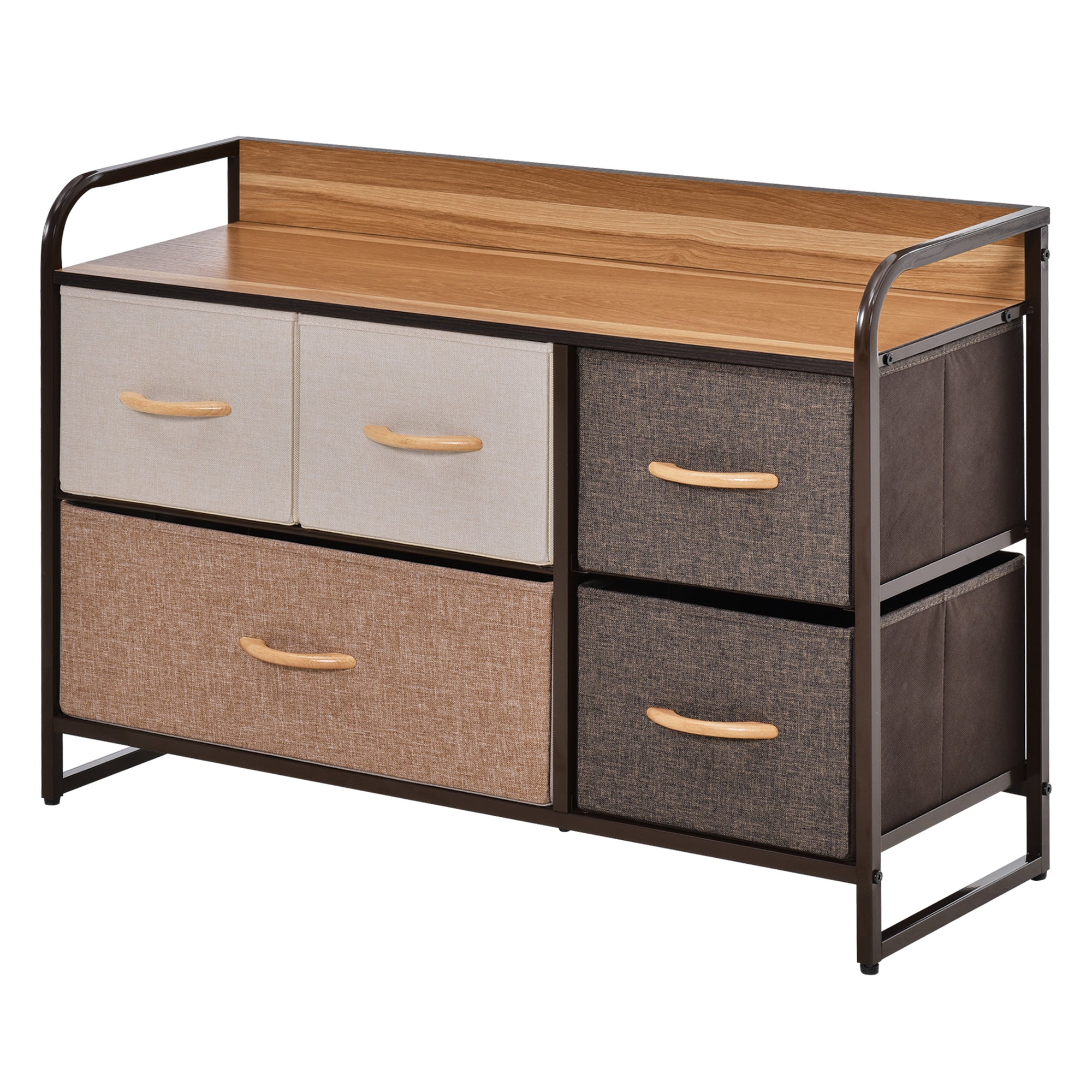 HOMCOM 5-Drawer Dresser, Fabric Chest of Drawers, 2-Tier Storage Tower with Steel Frame and Wooden Top for Bedroom, Nursery Room, Multicoloured