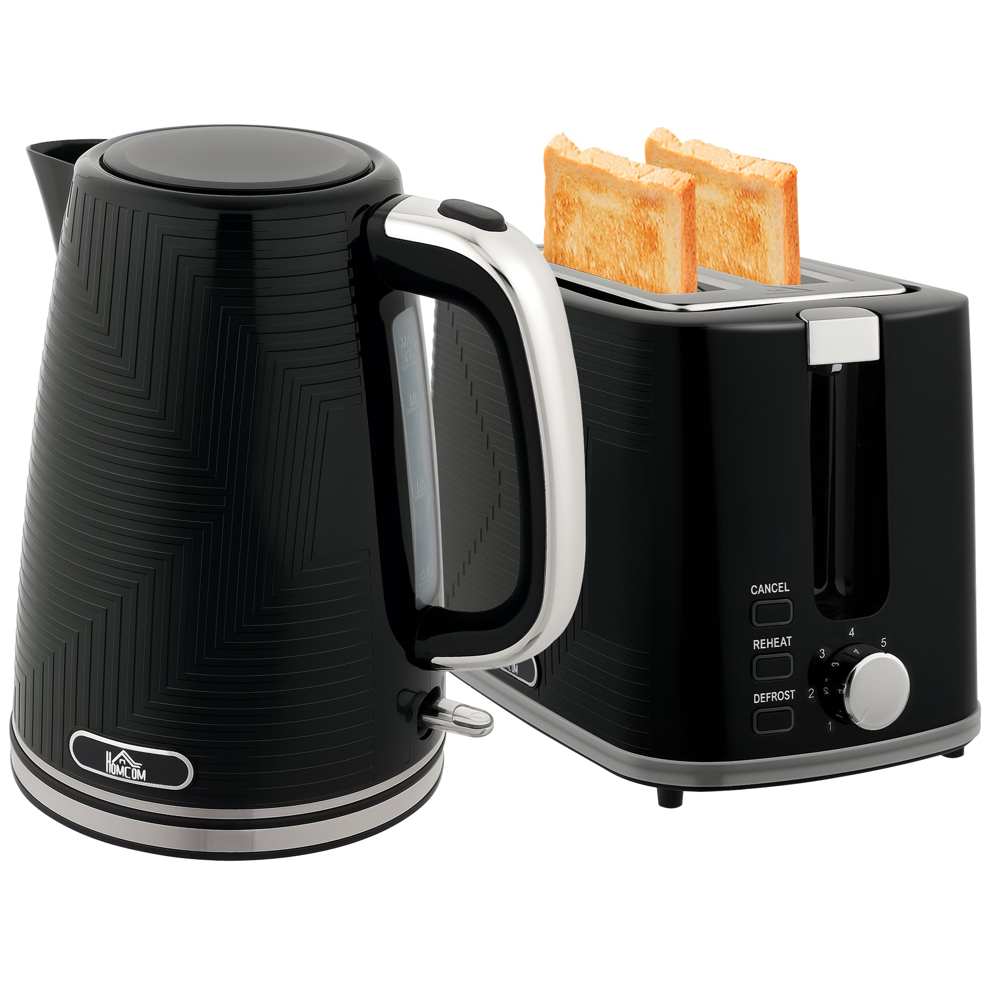 Kettle and Toaster Set, 1.7L 3000W Rapid Boil Jug Kettle with Otter Thermostat, Limescale Filter, 2 Slice Toaster with 7 Browning Controls, Crumb Tray, Black