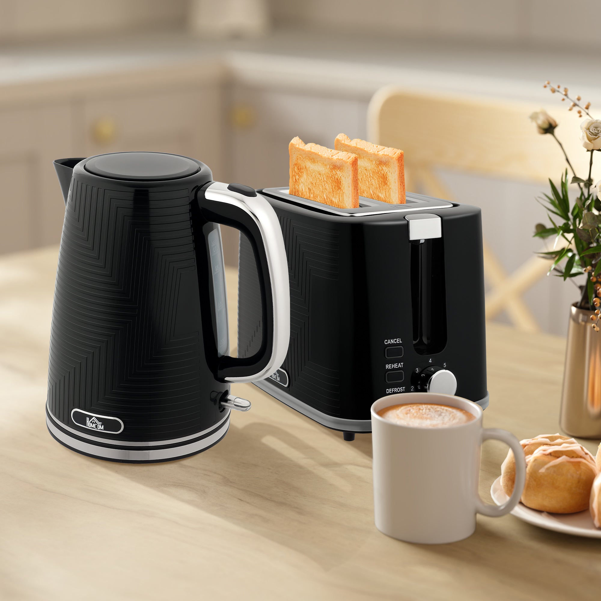 Kettle and Toaster Set, 1.7L 3000W Rapid Boil Jug Kettle with Otter Thermostat, Limescale Filter, 2 Slice Toaster with 7 Browning Controls, Crumb Tray, Black