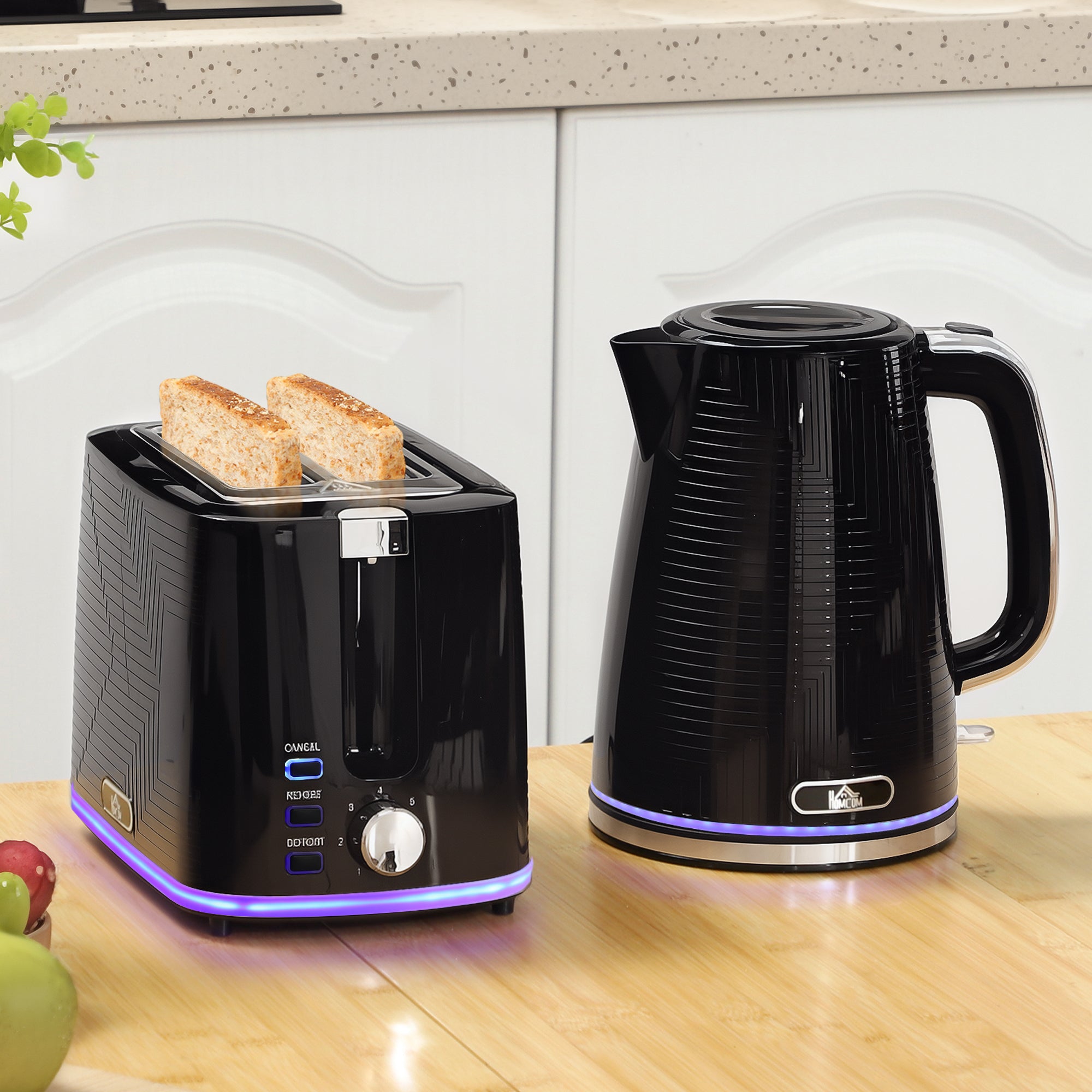 Kettle and Toaster Set, 1.7L 3000W Rapid Boil Jug Kettle with Otter Thermostat, Limescale Filter, 2 Slice Toaster with 7 Browning Controls, Crumb Tray, Black