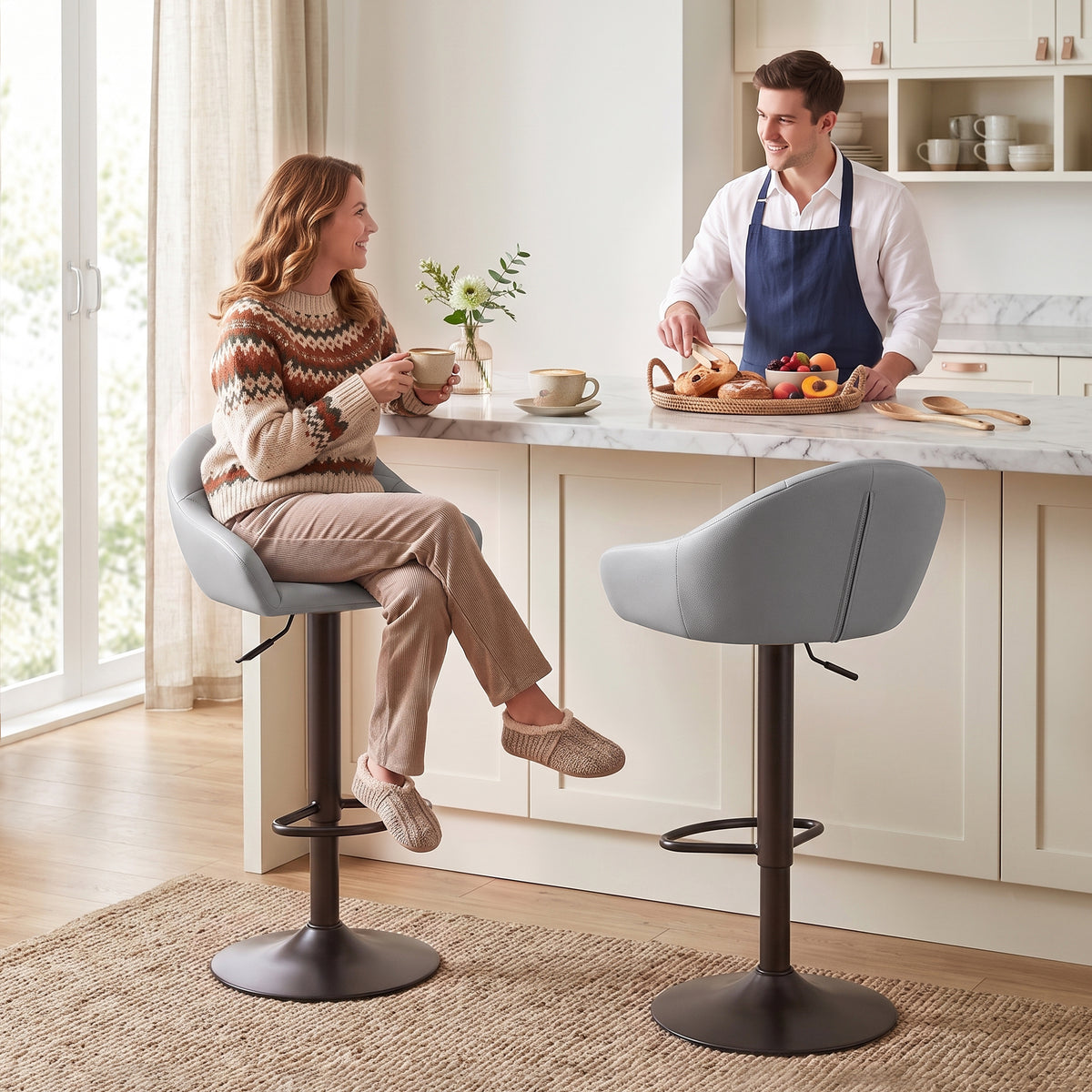 Breakfast Bar Stools Set of 2, Modern Faux Leather Swivel Barstools, Adjustable Counter Height Bar Chairs with Backrest, Arm, Footrest for Kitchen Island, Dining Room, Bar, Grey