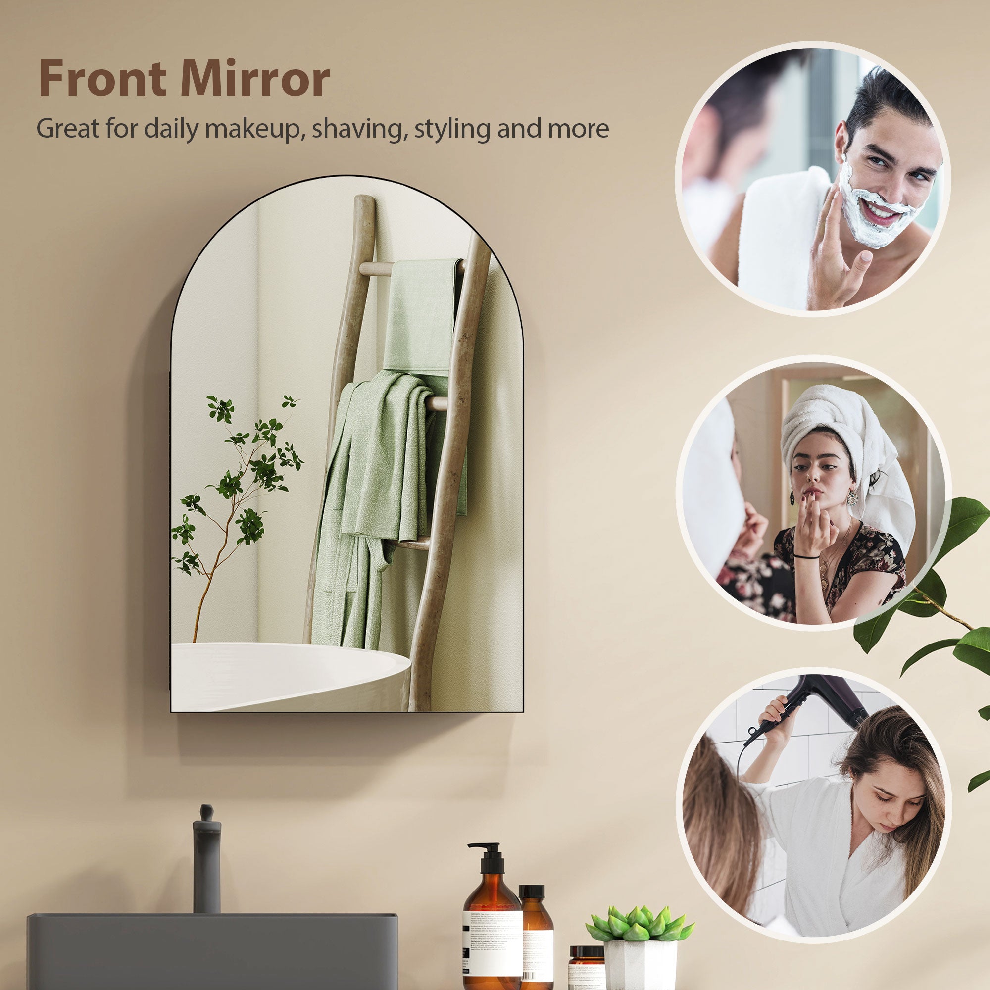 Arched Bathroom Mirror Cabinet, Bathroom Wall Cabinet with Mirror and Storage Shelves, 50 x 76 cm, Black