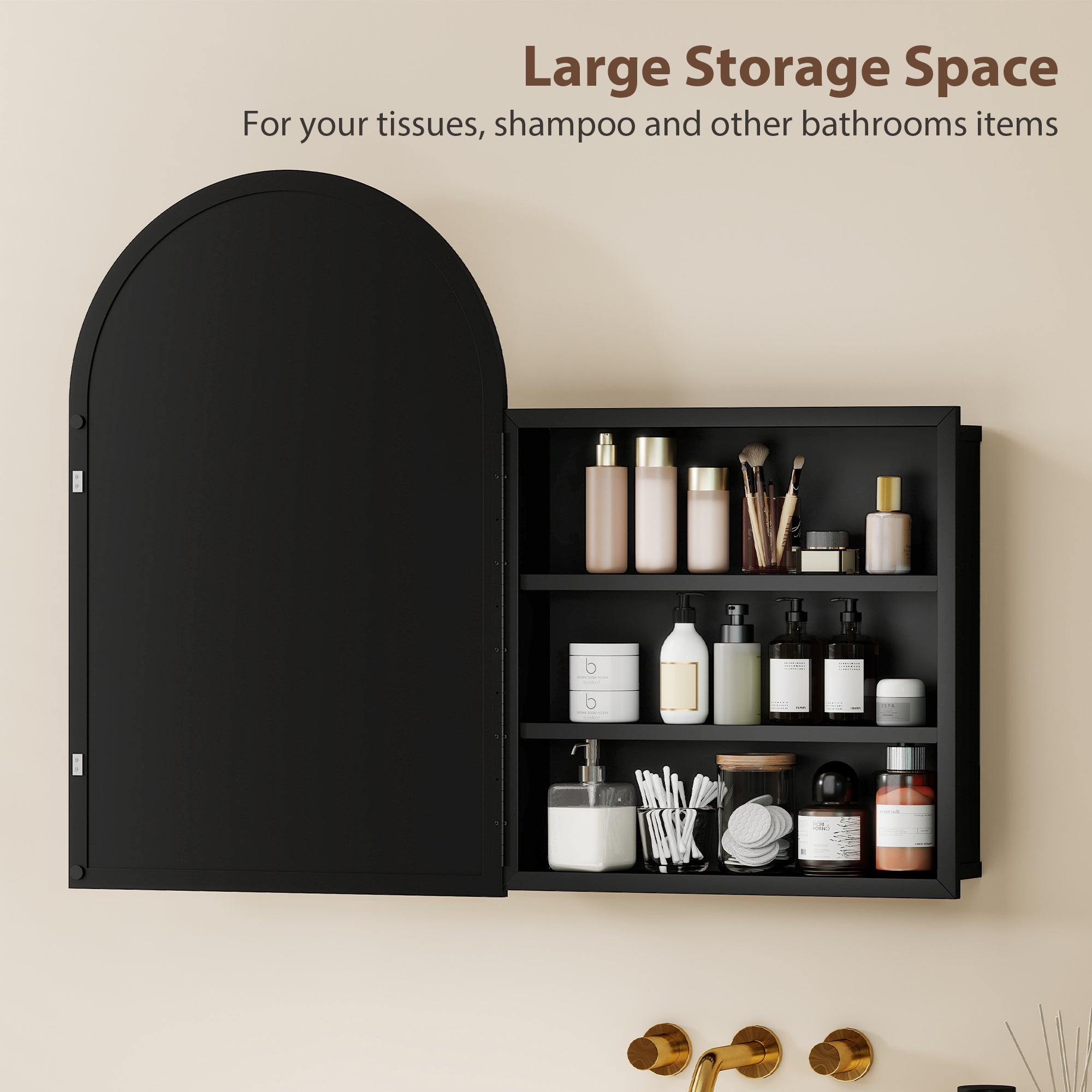 Arched Bathroom Mirror Cabinet, Bathroom Wall Cabinet with Mirror and Storage Shelves, 50 x 76 cm, Black