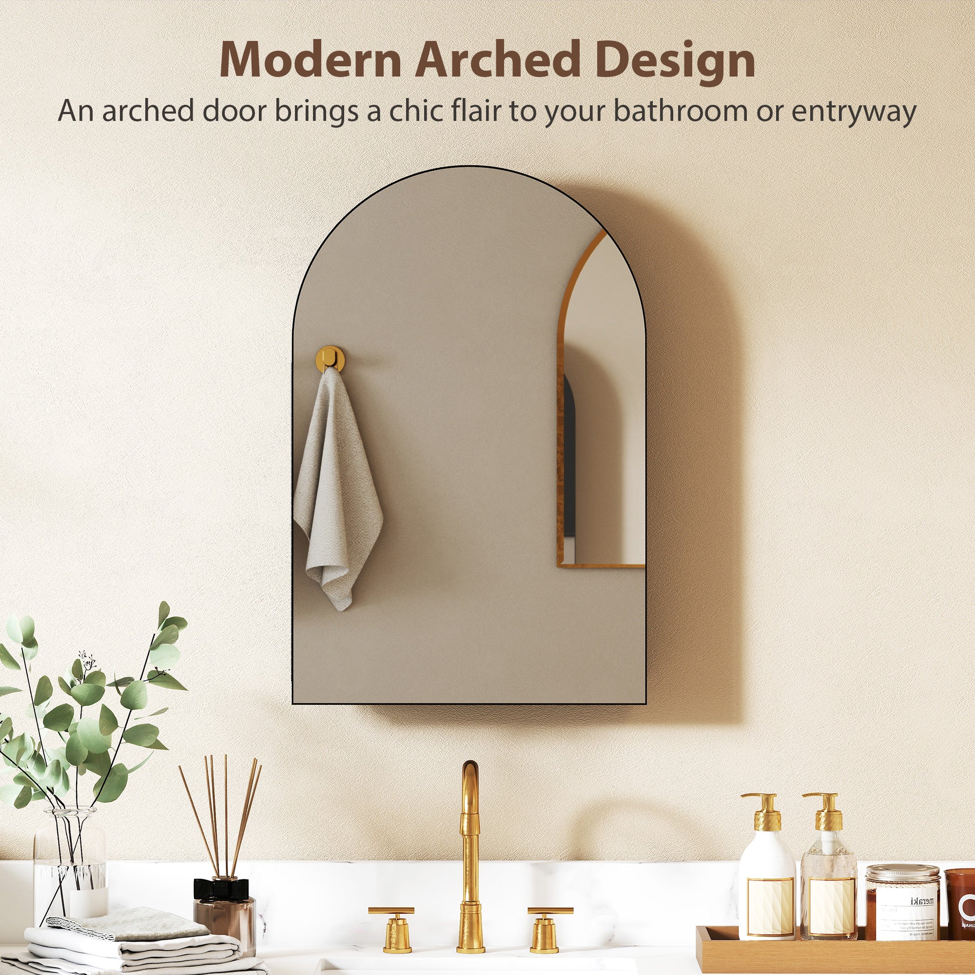 Arched Bathroom Mirror Cabinet, Bathroom Wall Cabinet with Mirror and Storage Shelves, 50 x 76 cm, Black
