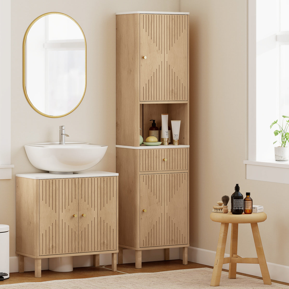 66" Tall Bathroom Cabinet, Freestanding Slim Bathroom Storage Cabinet with Silent-Glide Drawer, Adjustable Shelves, 2 Cupboards and Groove Doors, Oak Wood Effect
