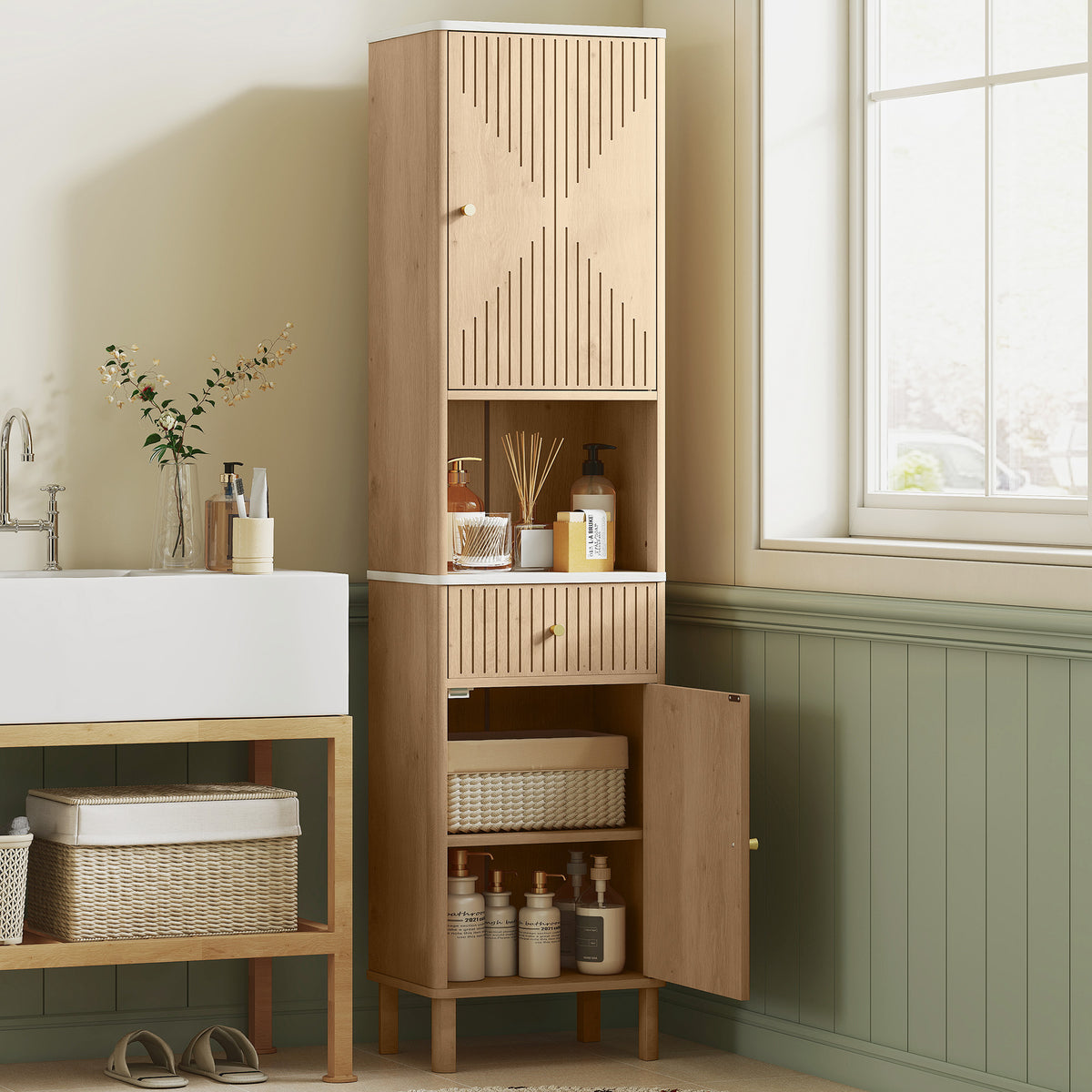 66" Tall Bathroom Cabinet, Freestanding Slim Bathroom Storage Cabinet with Silent-Glide Drawer, Adjustable Shelves, 2 Cupboards and Groove Doors, Oak Wood Effect