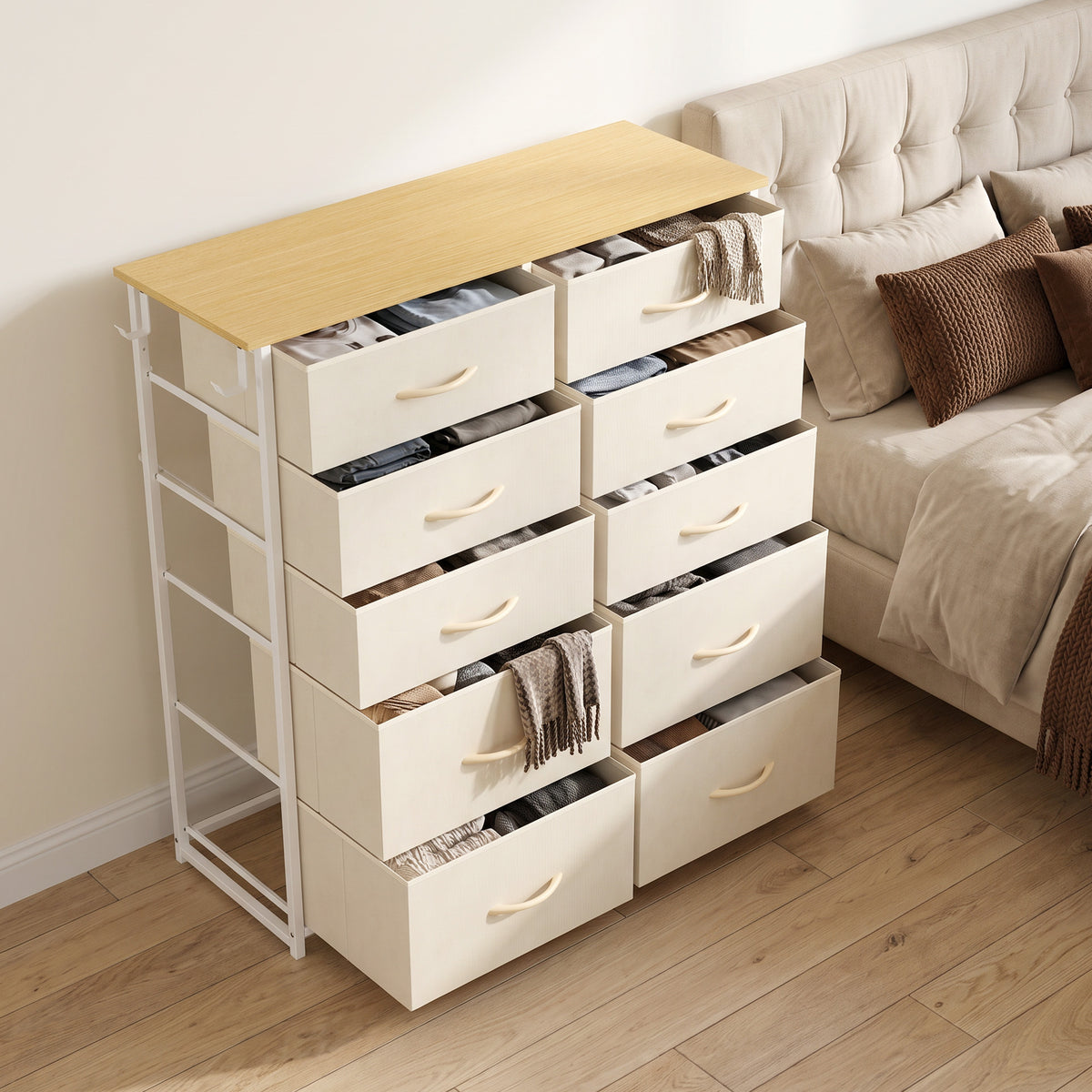 Chest of Drawers, Dresser for Bedroom with 10 Fabric Drawers, Tall Storage Unit with 4 Pockets, 2 Hooks and Steel Frame for Living Room, Hallway, Beige