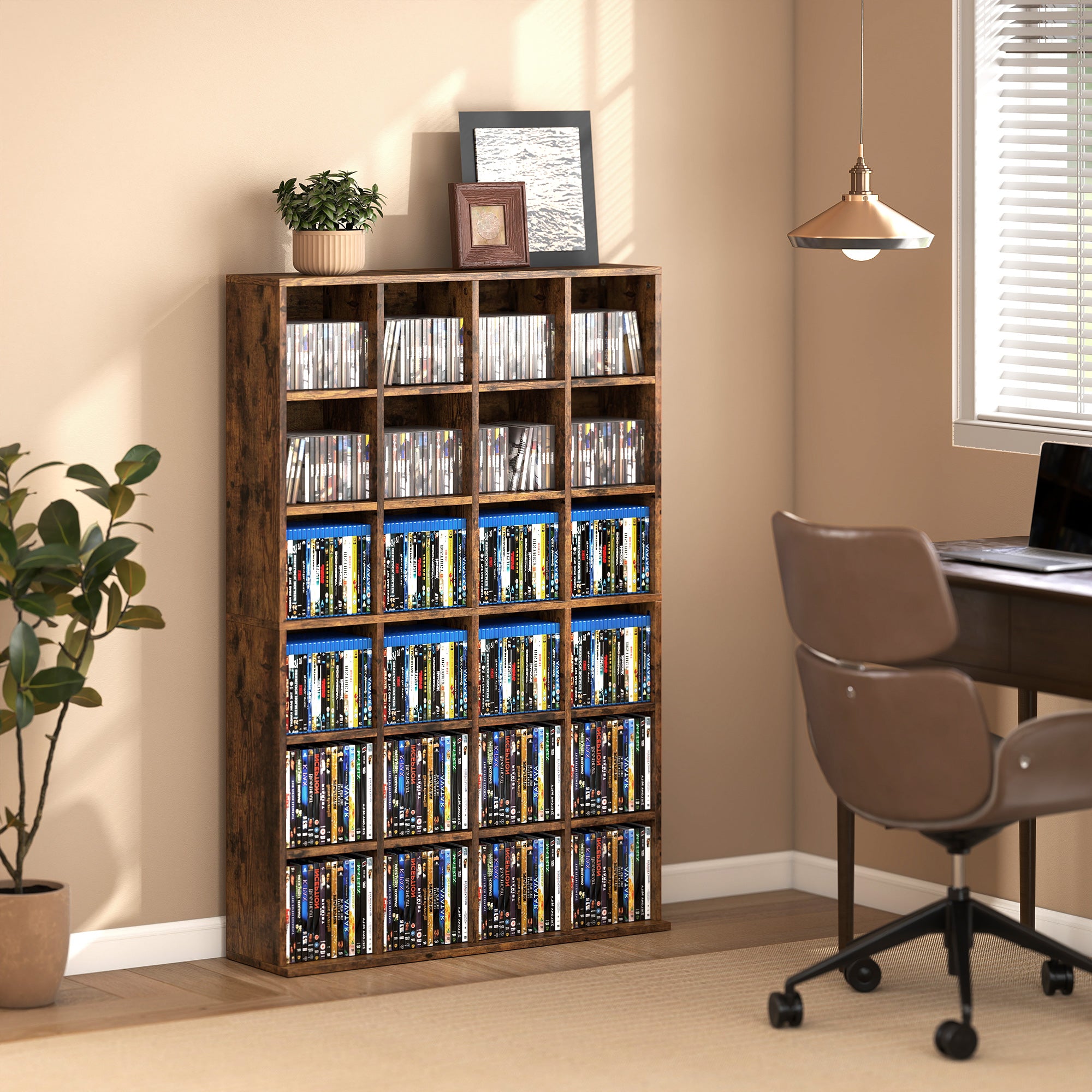 456 CD/ 336 DVD Storage Unit, Media Storage Shelf, Wooden Display Unit with Adjustable Shelves, 89 x 130.5 cm, Rustic Brown