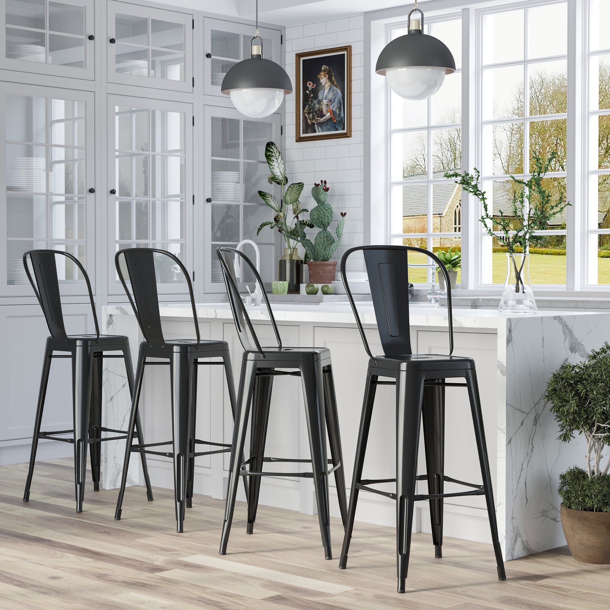 HOMCOM 30" Metal Bar Stools, Set of 4 Stacking Stools, Bar Height Kitchen Stools, Metal Chair with Removable Back for Kitchen Island, Pub, Bistro Café, Black