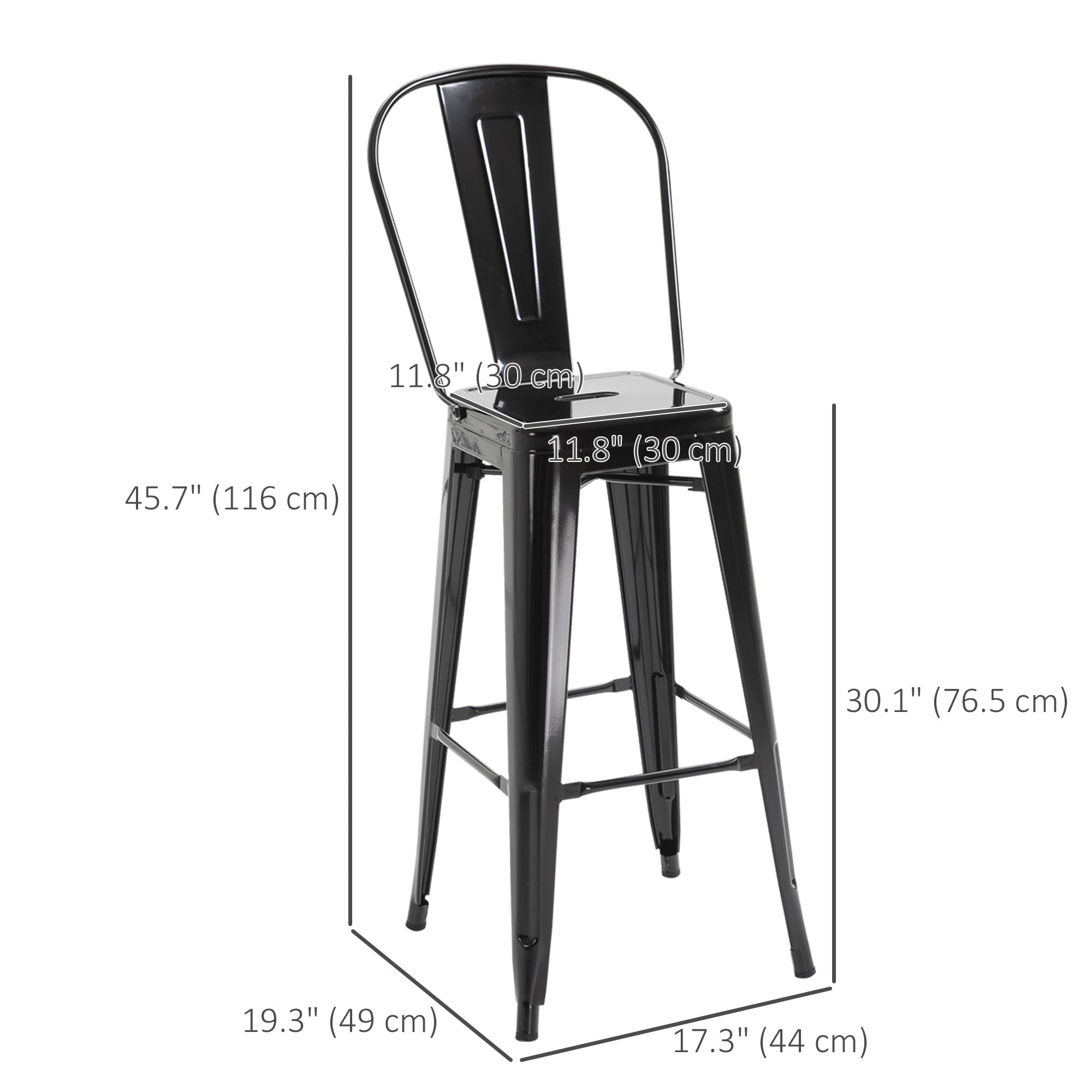 HOMCOM 30" Metal Bar Stools, Set of 4 Stacking Stools, Bar Height Kitchen Stools, Metal Chair with Removable Back for Kitchen Island, Pub, Bistro Café, Black