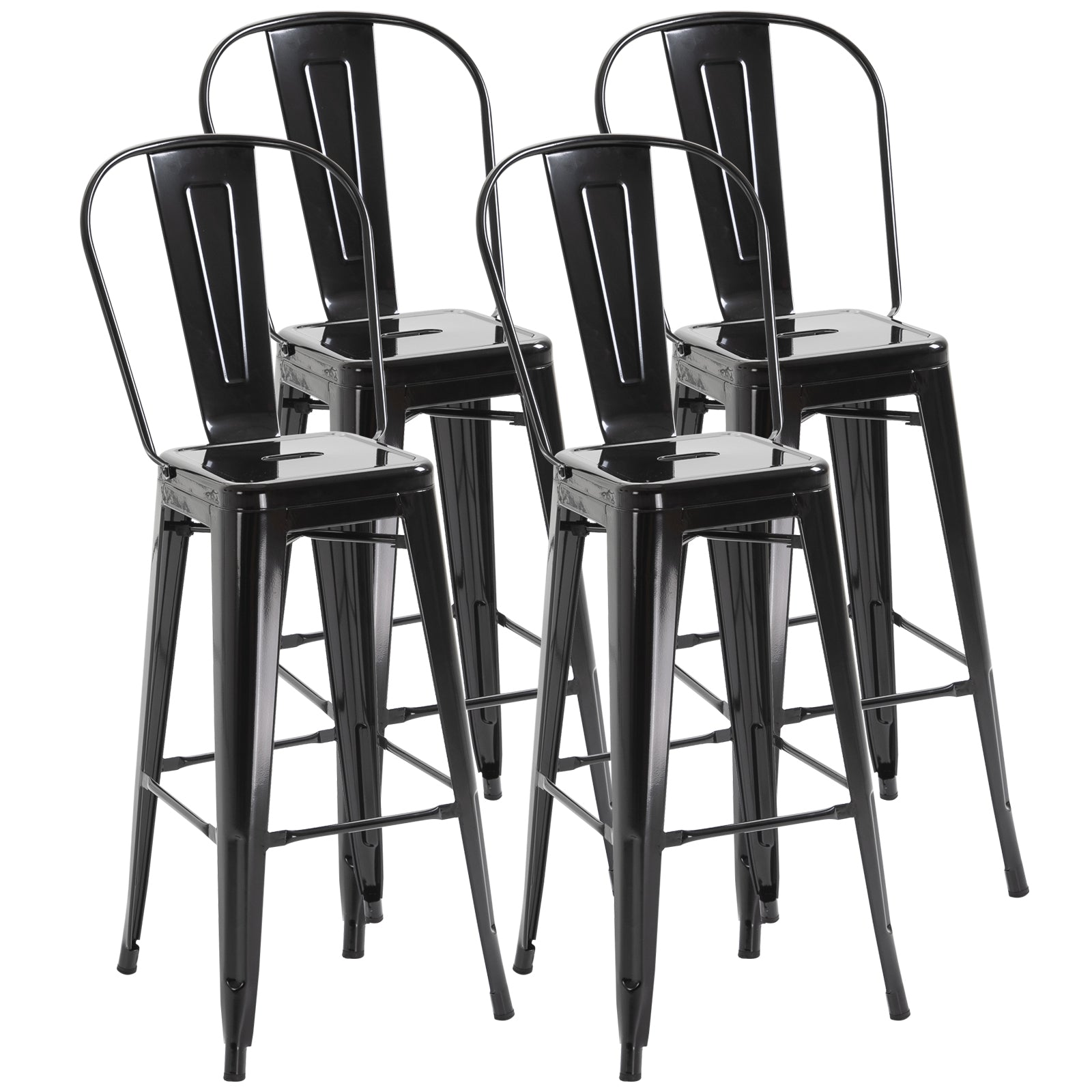 HOMCOM 30" Metal Bar Stools, Set of 4 Stacking Stools, Bar Height Kitchen Stools, Metal Chair with Removable Back for Kitchen Island, Pub, Bistro Café, Black