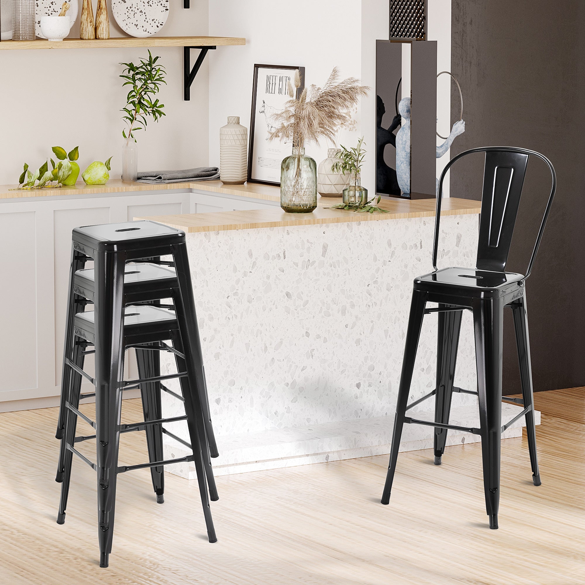 HOMCOM 30" Metal Bar Stools, Set of 4 Stacking Stools, Bar Height Kitchen Stools, Metal Chair with Removable Back for Kitchen Island, Pub, Bistro Café, Black