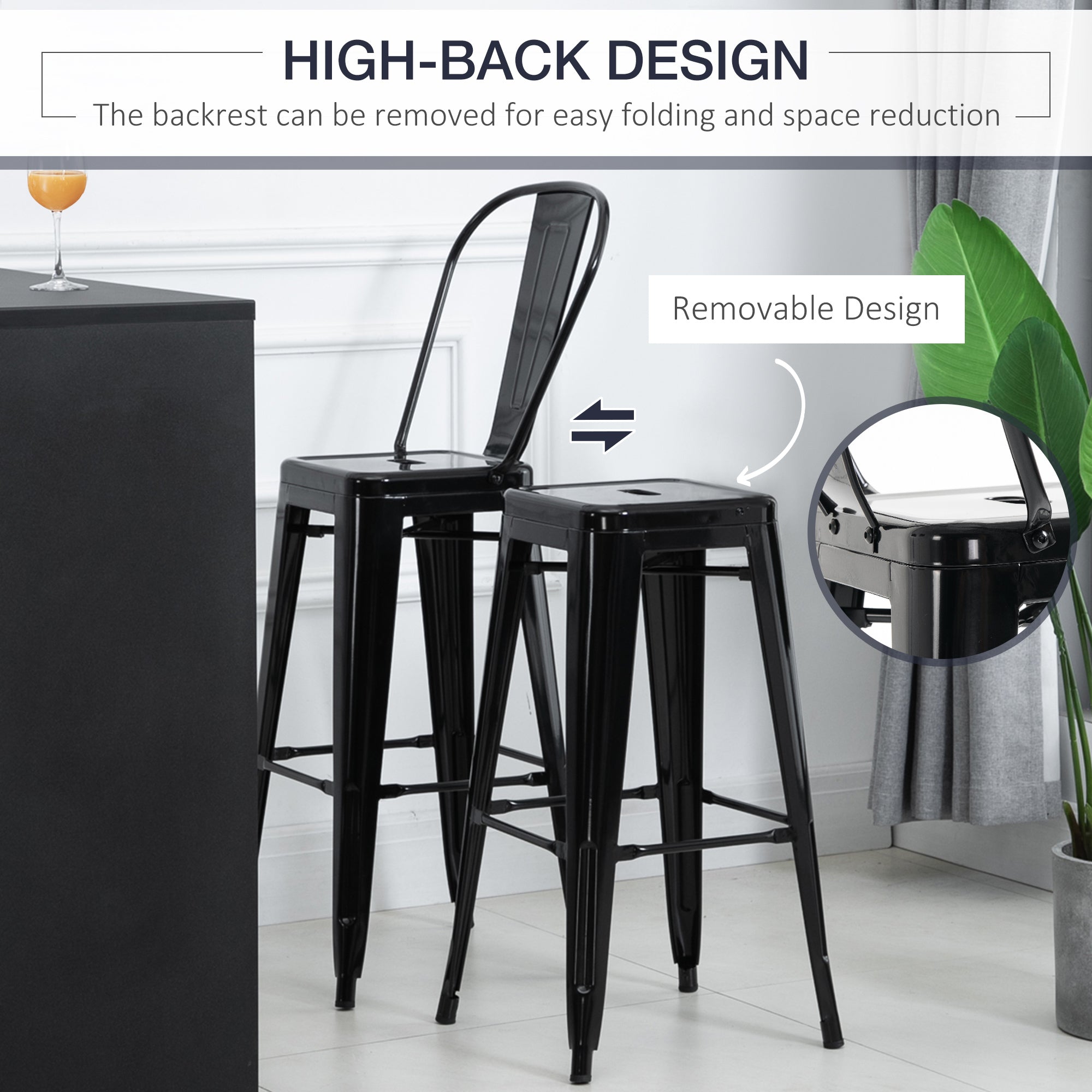 HOMCOM 30" Metal Bar Stools, Set of 4 Stacking Stools, Bar Height Kitchen Stools, Metal Chair with Removable Back for Kitchen Island, Pub, Bistro Café, Black