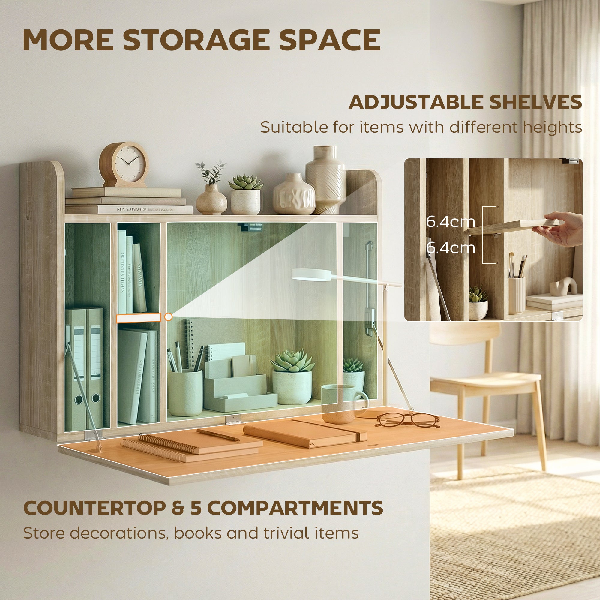 Wall Mounted Desk, Drop Leaf Floating Laptop Desk with Space Saving Storage Compartments for Home Office and Study, 77cm x 20cm x 51cm, Oak