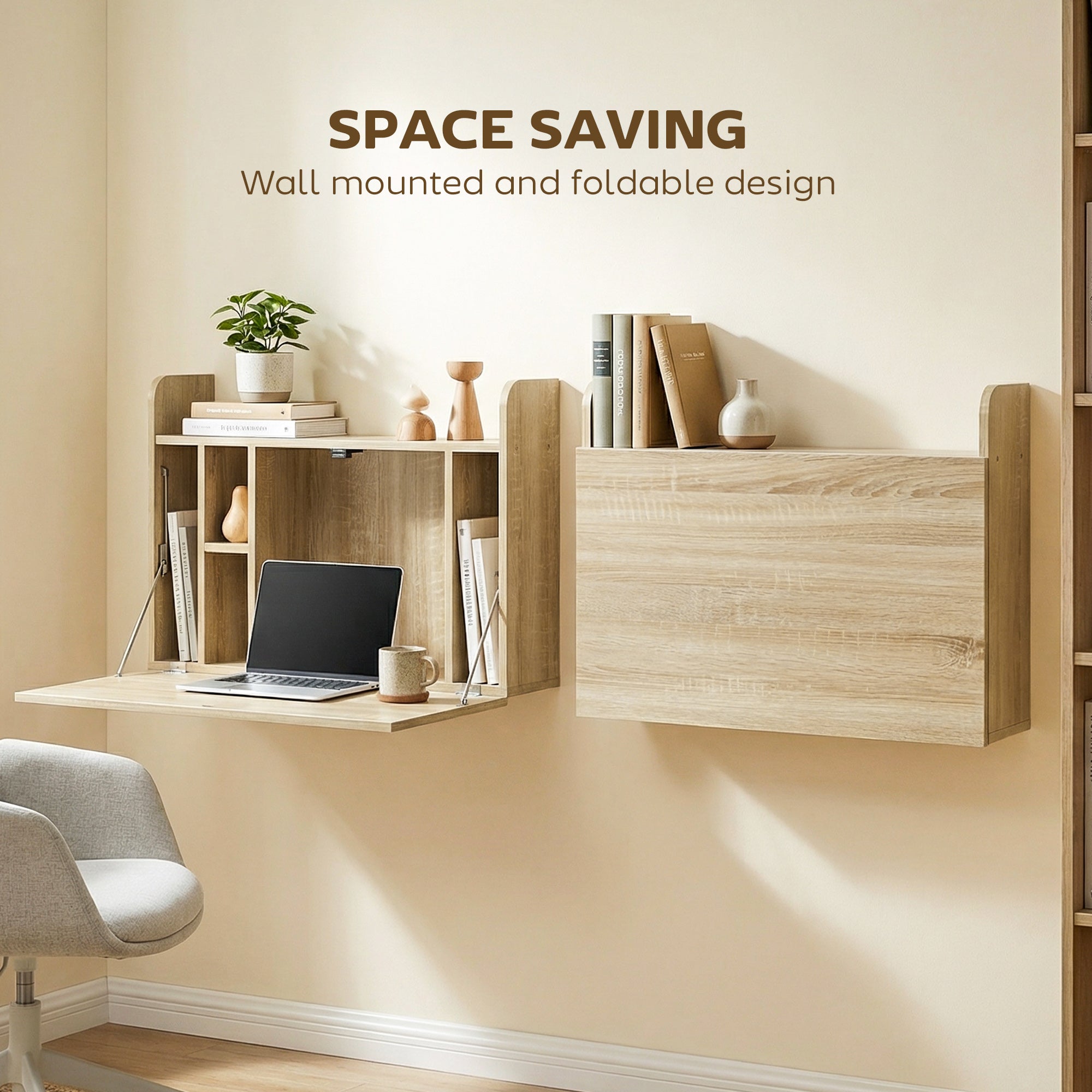 Wall Mounted Desk, Drop Leaf Floating Laptop Desk with Space Saving Storage Compartments for Home Office and Study, 77cm x 20cm x 51cm, Oak