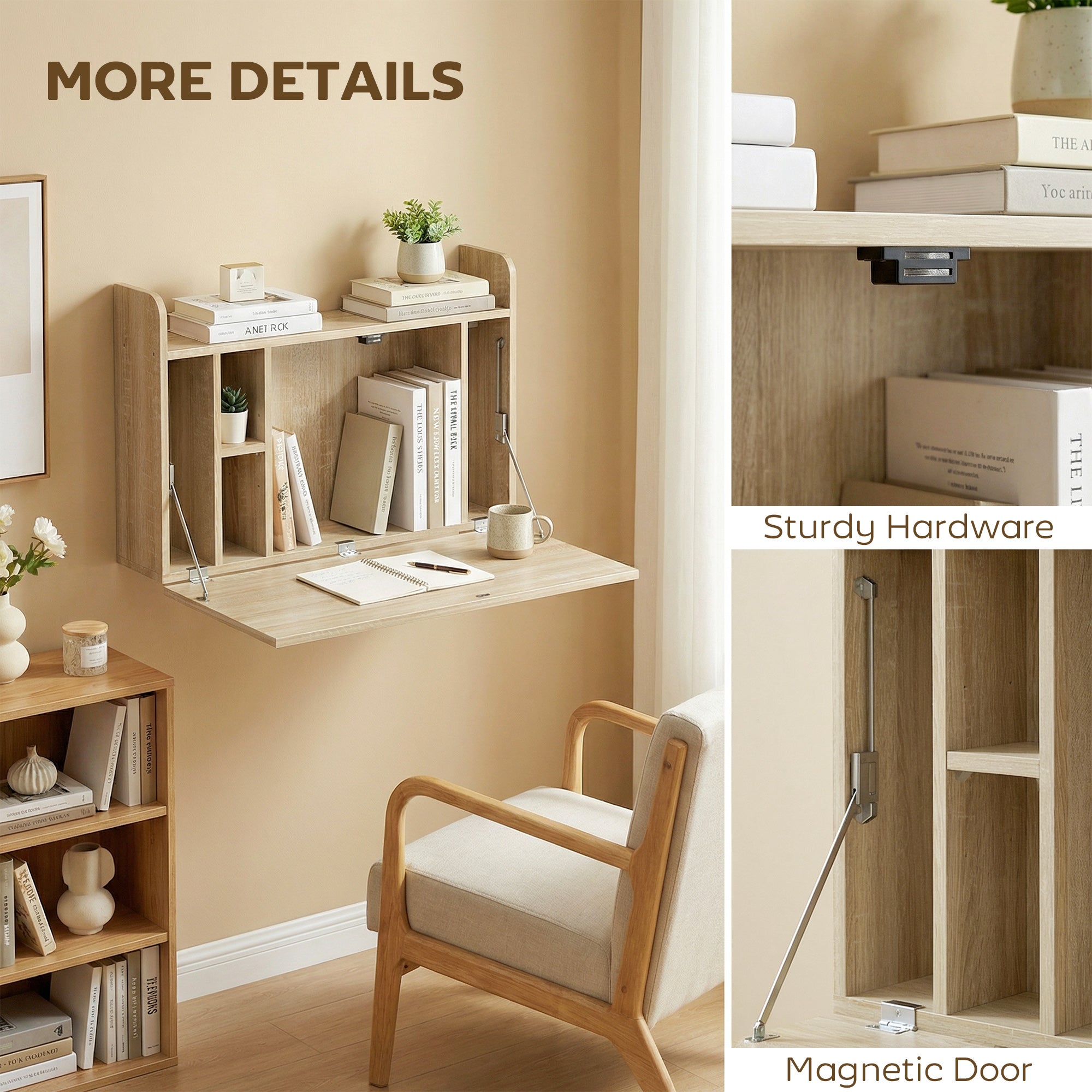 Wall Mounted Desk, Drop Leaf Floating Laptop Desk with Space Saving Storage Compartments for Home Office and Study, 77cm x 20cm x 51cm, Oak