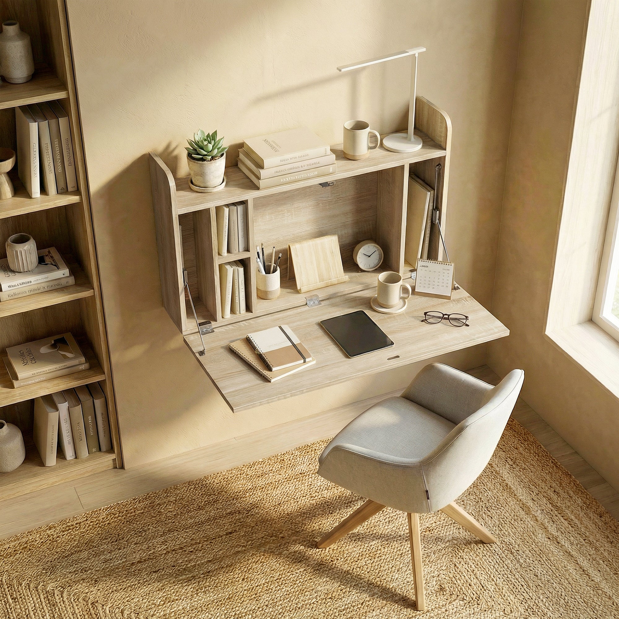 Wall Mounted Desk, Drop Leaf Floating Laptop Desk with Space Saving Storage Compartments for Home Office and Study, 77cm x 20cm x 51cm, Oak