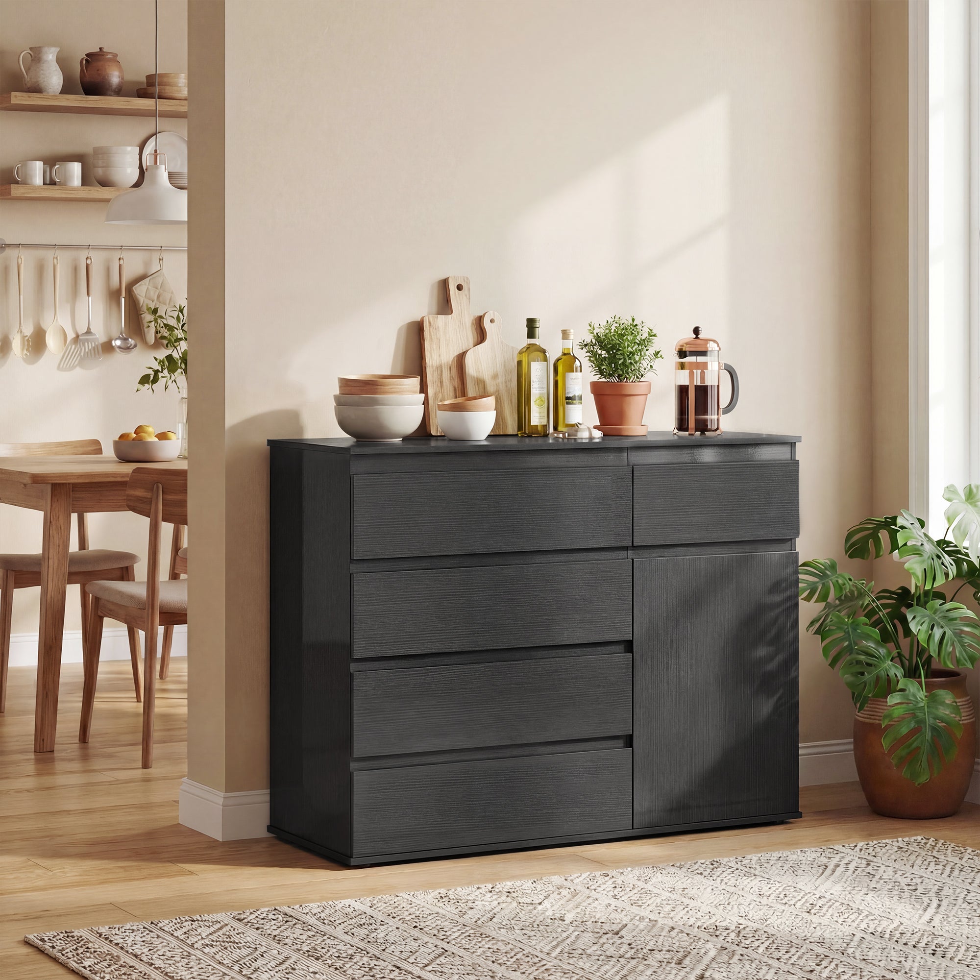 Modern Sideboard, Sideboard Storage Cabinet with 5 Drawers, Adjustable Shelf, Soft-Close Door, Storage Cupboard for Dining Room, Kitchen, Living Room, Black