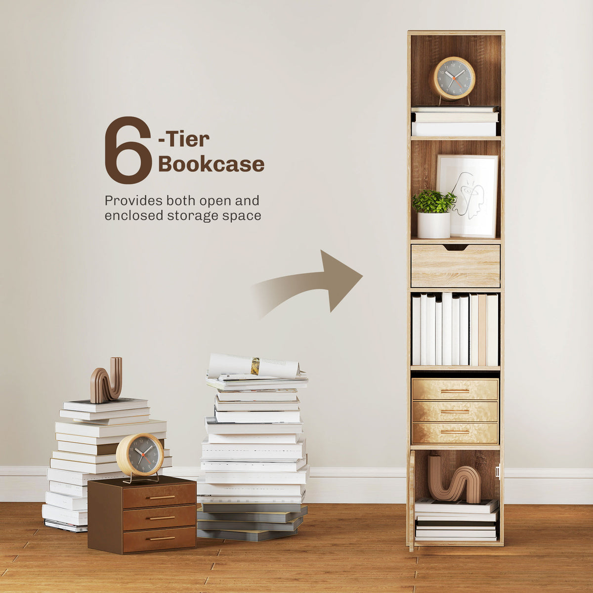 6-Tier Bookcase, Tall Narrow Bookshelf with Drawer, Door, Adjustable Shelf, Modern Display Standing Shelving Unit for Living Room, Home Office, Bedroom, 30 x 24 x 158 cm, Natural Wood Finish