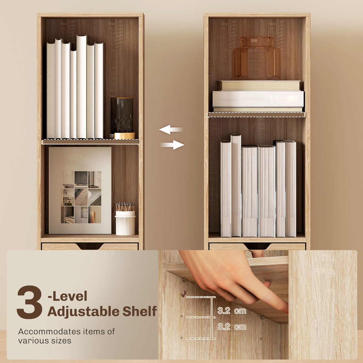 6-Tier Bookcase, Tall Narrow Bookshelf with Drawer, Door, Adjustable Shelf, Modern Display Standing Shelving Unit for Living Room, Home Office, Bedroom, 30 x 24 x 158 cm, Natural Wood Finish