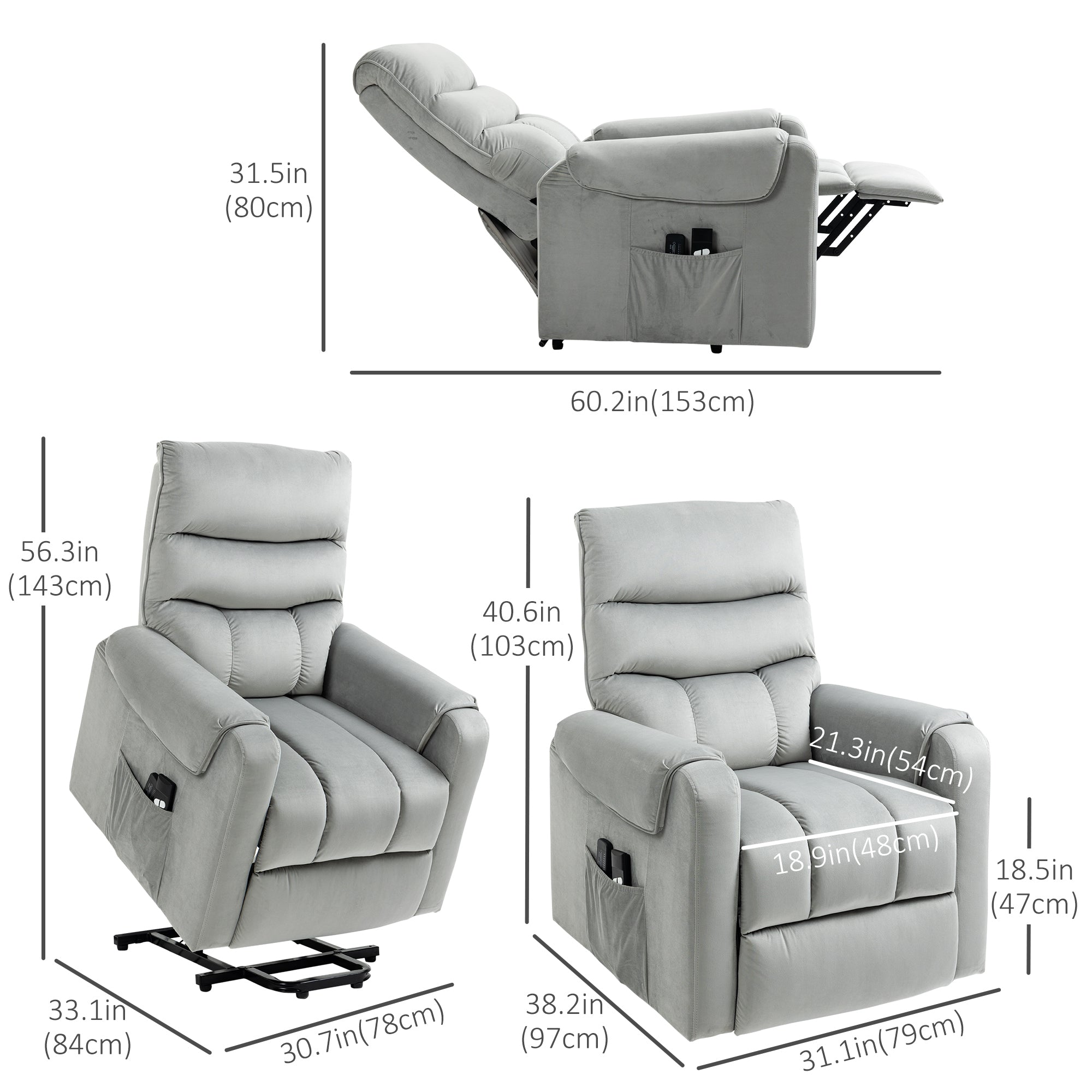 HOMCOM Power Lift Recliner for Elderly with 8 Vibration Points, Reclining Chair with Remote, Side Pockets and Footrest, Grey