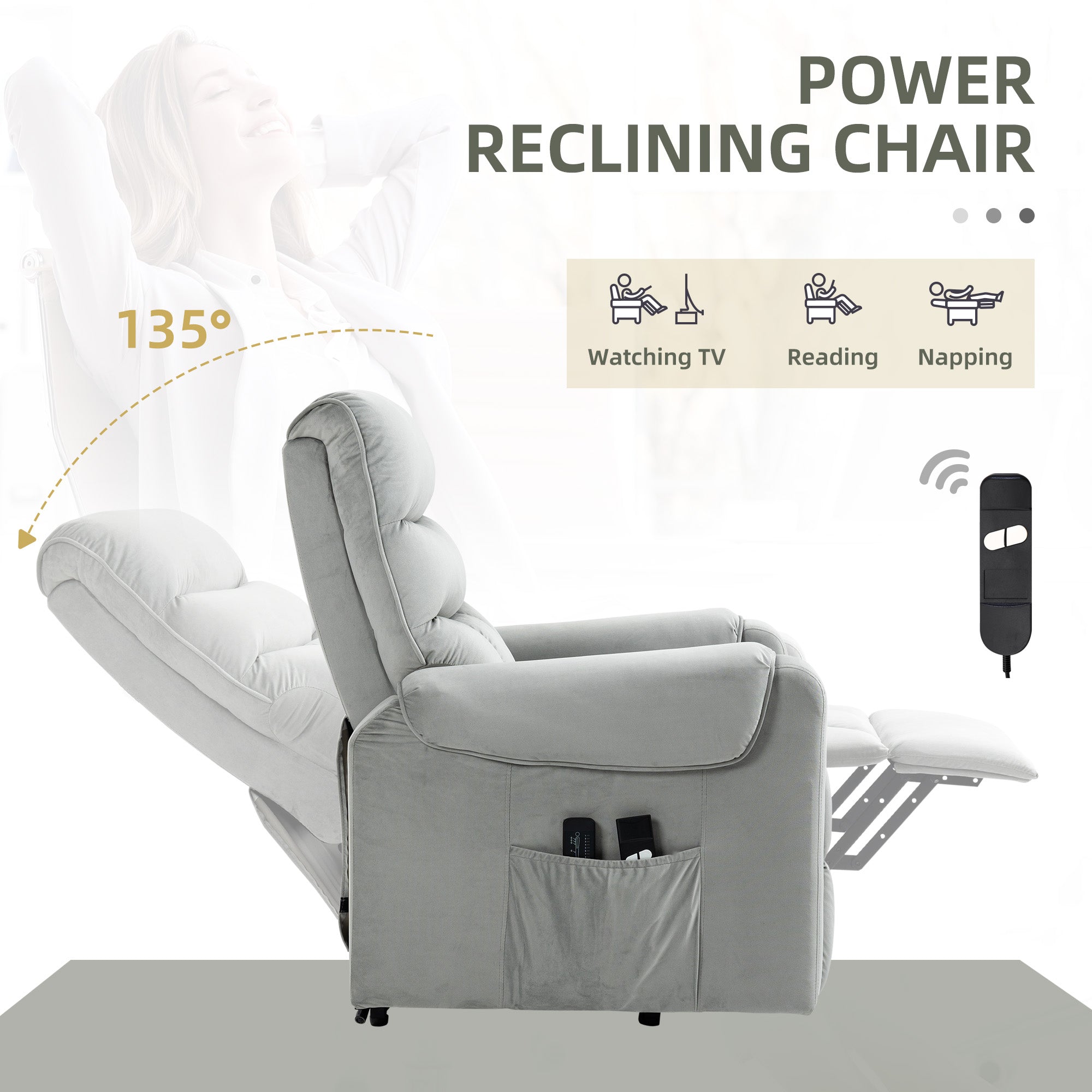 HOMCOM Power Lift Recliner for Elderly with 8 Vibration Points, Reclining Chair with Remote, Side Pockets and Footrest, Grey