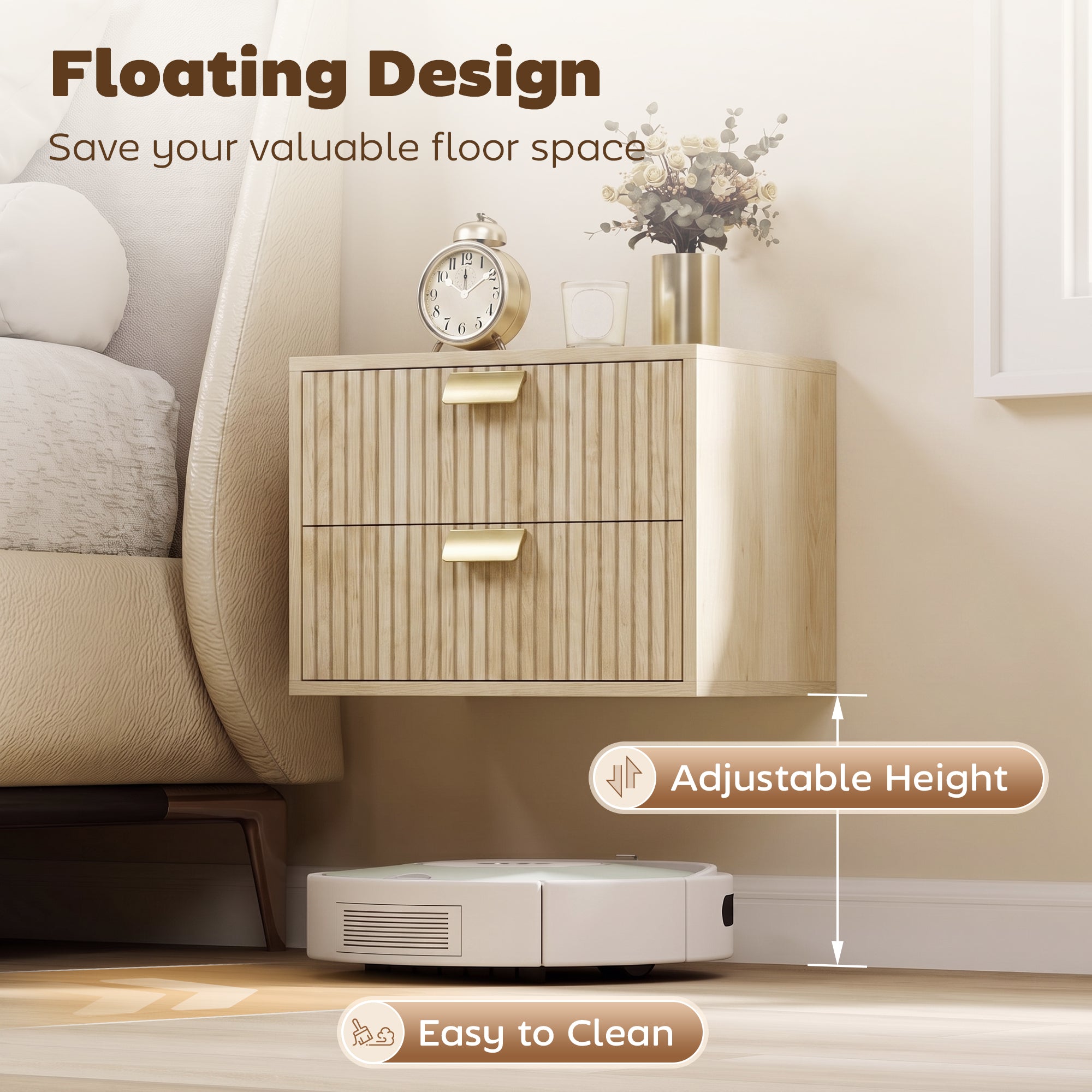 Modern Floating Nightstands Set of 2, Wall Mounted Bedside Tables with 2 Wave Drawers, Bedside Cabinets for Bedroom Living Room, Oak