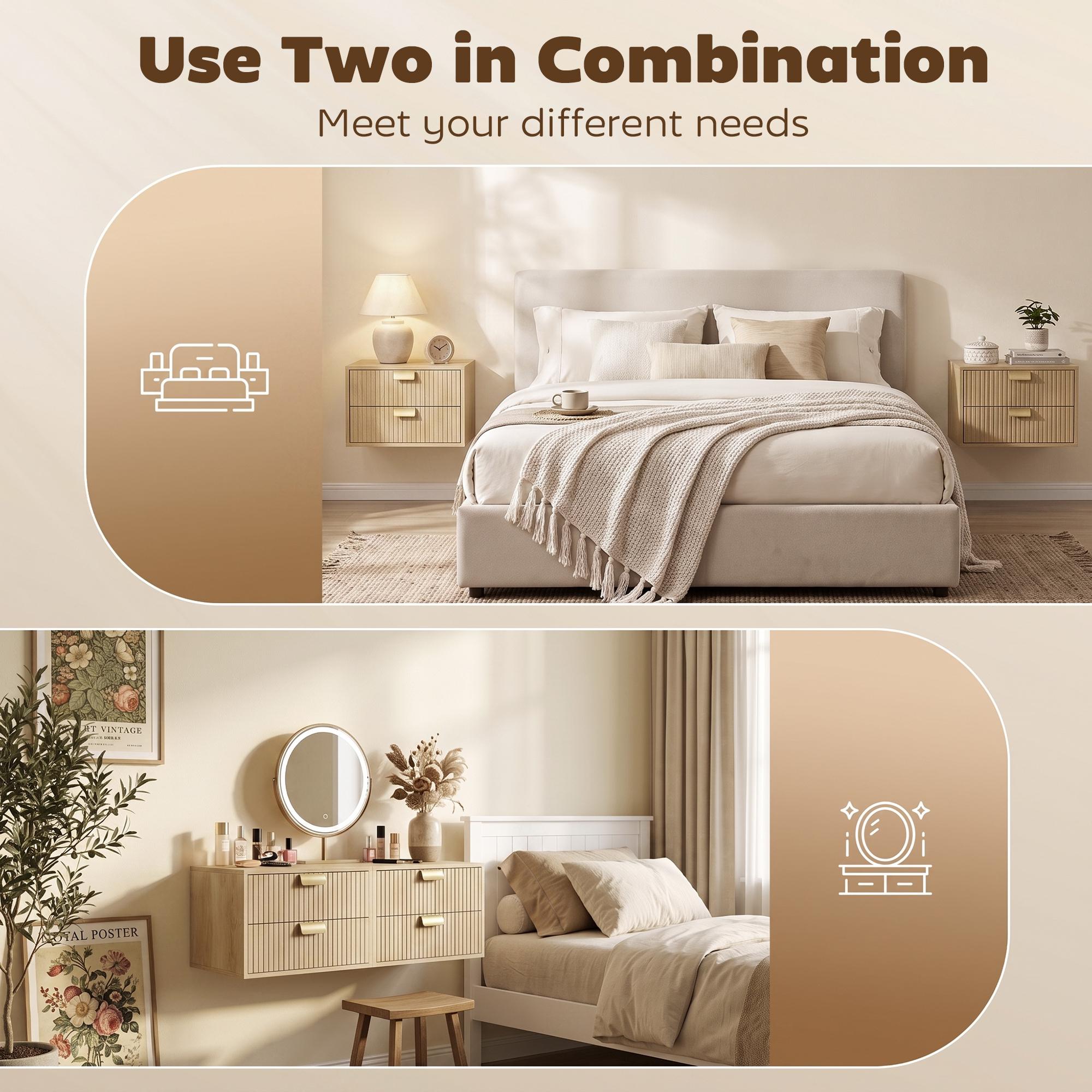 Modern Floating Nightstands Set of 2, Wall Mounted Bedside Tables with 2 Wave Drawers, Bedside Cabinets for Bedroom Living Room, Oak
