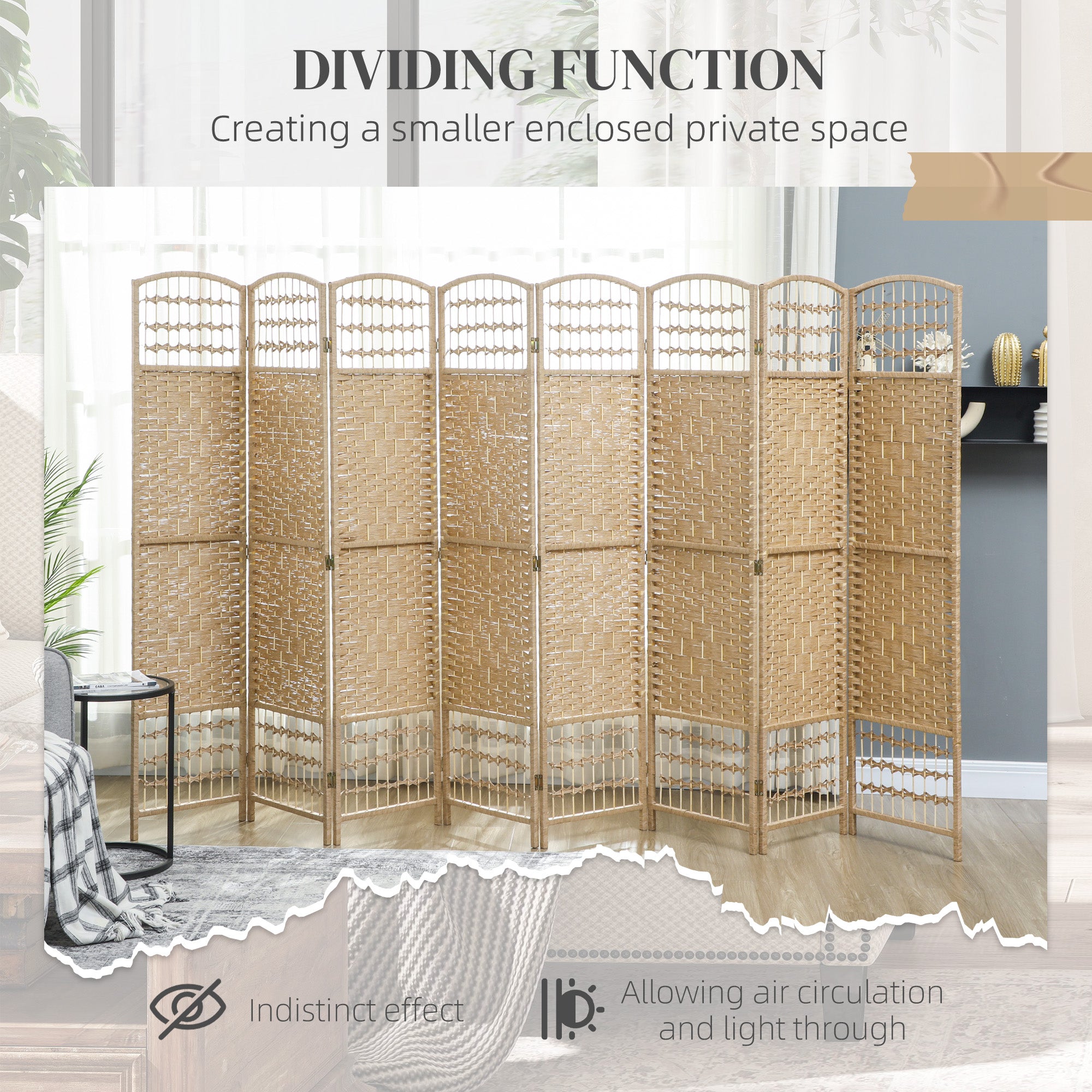 8 Panel Room Divider, 5.6 ft Tall Folding Privacy Screen, Wave Fiber Freestanding Partition Wall Divider for Home Office, Natural