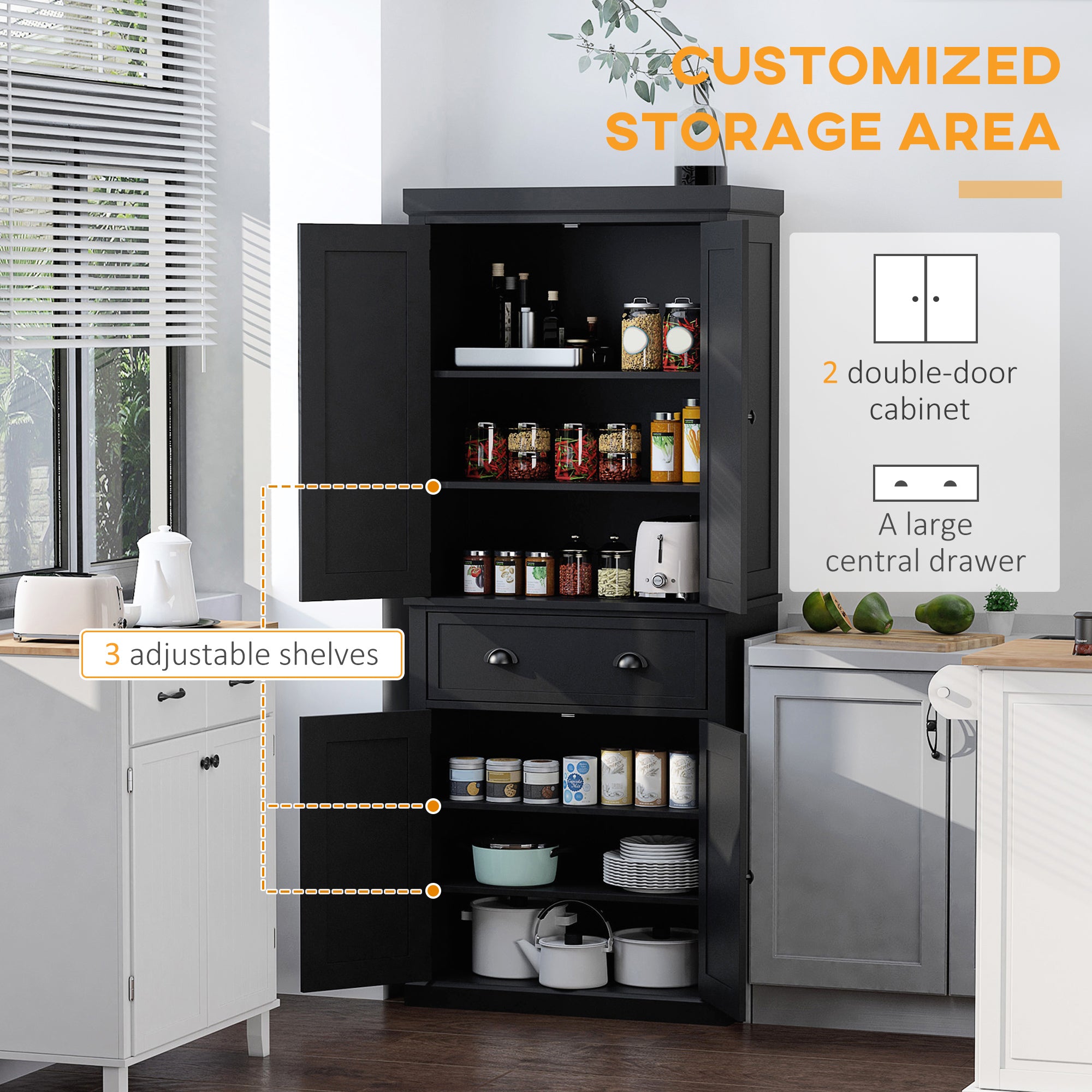 72.5" Kitchen Cabinet, Pantry Storage Cabinet with Doors and Shelves, Freestanding Food Pantry Cabinet, Black