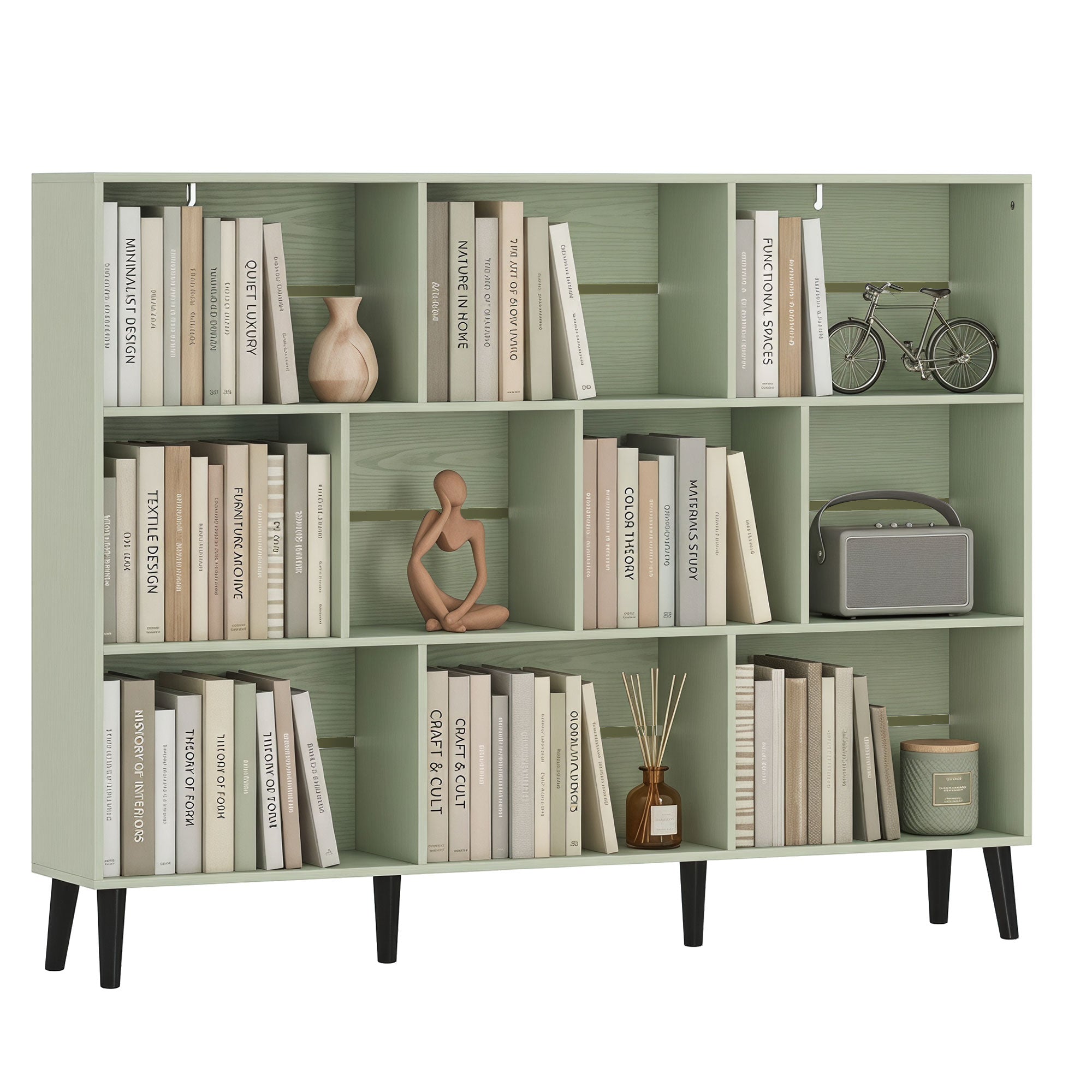 10-Cube Bookshelf, 3-Tier Bookcase with Solid Wood Legs, 140 cm Modern Freestanding Book Shelf with Anti-Tip Kit for Bedroom Living Room Study Office, Light Green