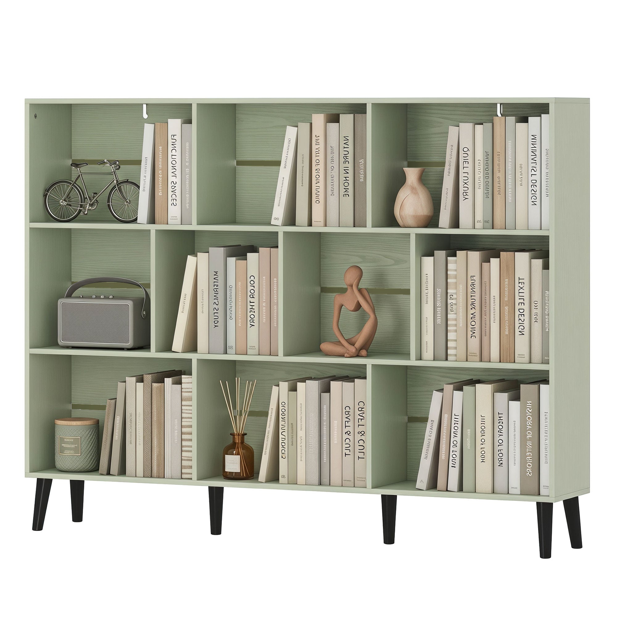 10-Cube Bookshelf, 3-Tier Bookcase with Solid Wood Legs, 140 cm Modern Freestanding Book Shelf with Anti-Tip Kit for Bedroom Living Room Study Office, Light Green