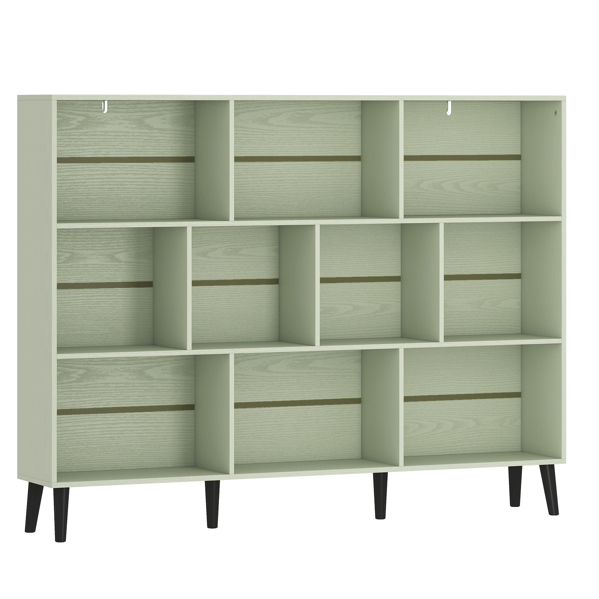 10-Cube Bookshelf, 3-Tier Bookcase with Solid Wood Legs, 140 cm Modern Freestanding Book Shelf with Anti-Tip Kit for Bedroom Living Room Study Office, Light Green