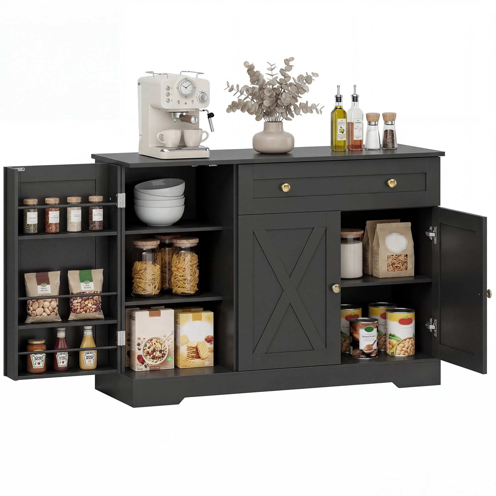Farmhouse Sideboard Buffet Cabinet with Storage, 47" Coffee Bar Cabinet with 3 Door Shelves, Drawer, Adjustable Shelves and 3 Barn Doors, Black