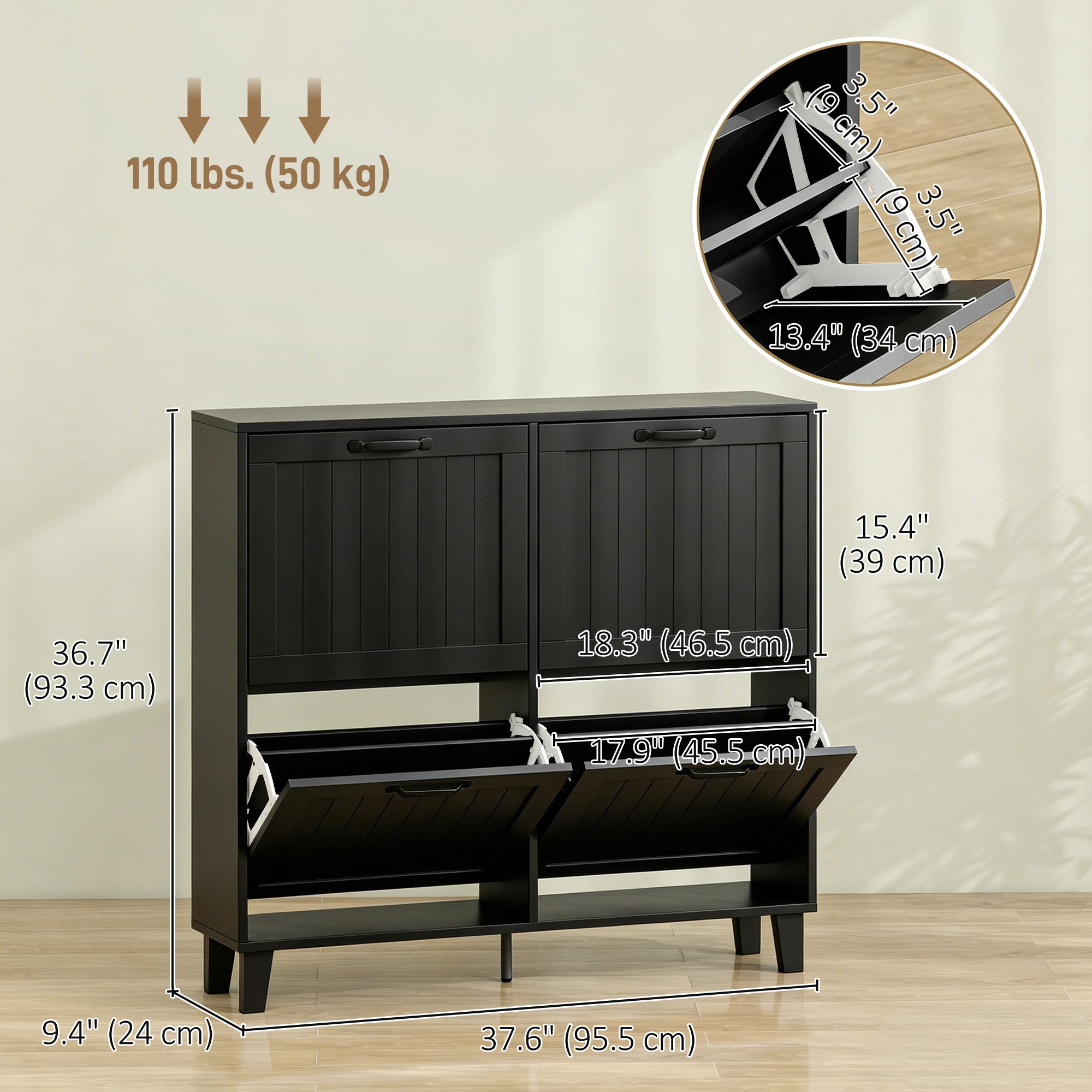 Shoe Cabinet with 4 Flip Drawers, Freestanding Narrow Shoe Storage Cabinet with Adjustable Shelves, Open Back, Bamboo Legs for Entryway, Hallway, Holds 16-20 Pairs, Black