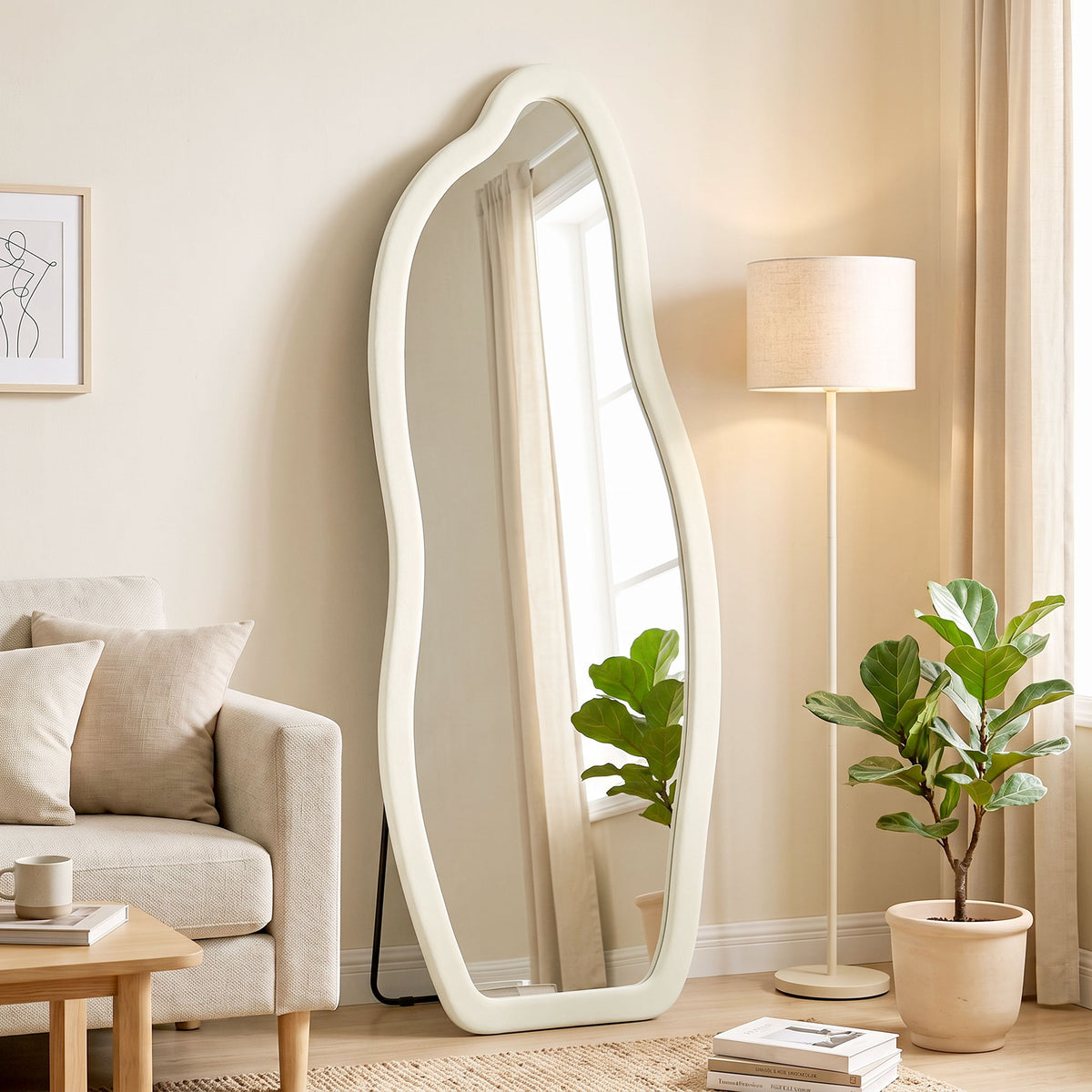 63" x 23.6" Full Length Mirror, Freestanding or Wall-Mounted Full Body Mirror with Velvet Padded Frame and Arched Top for Living Room, Bedroom, Cream White