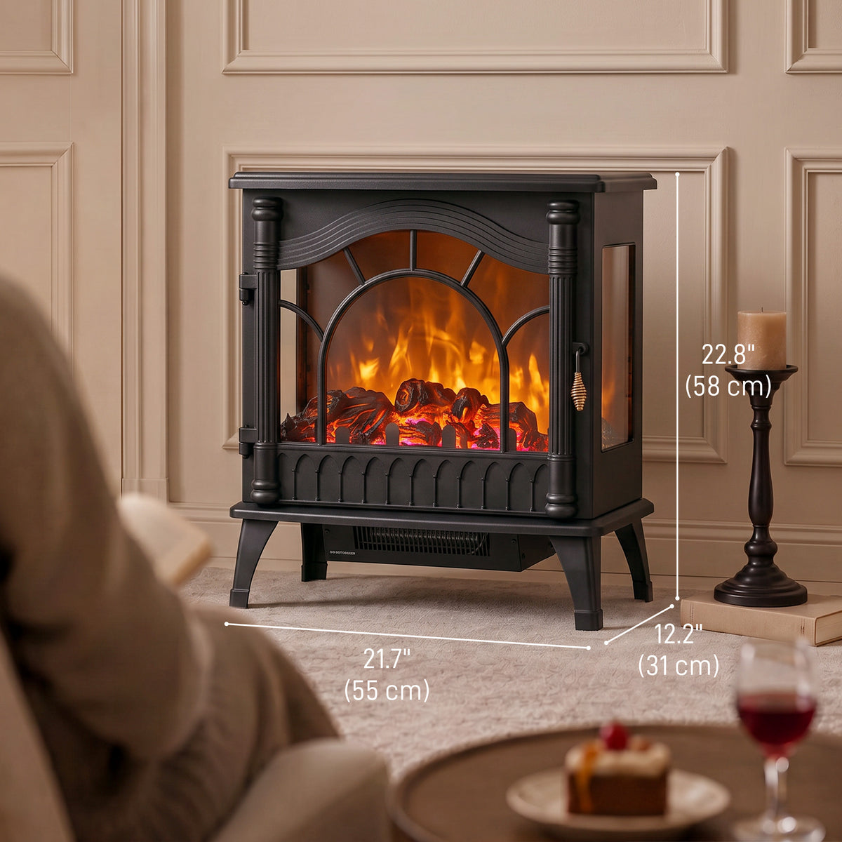 Electric Fireplace 1000W/2000W, Freestanding Decorative Heater with Adjustable Temperature, Low Energy Consumption, Overheat Protection, 3D Flame Effect for Living Room, 161-323 sq ft, Black