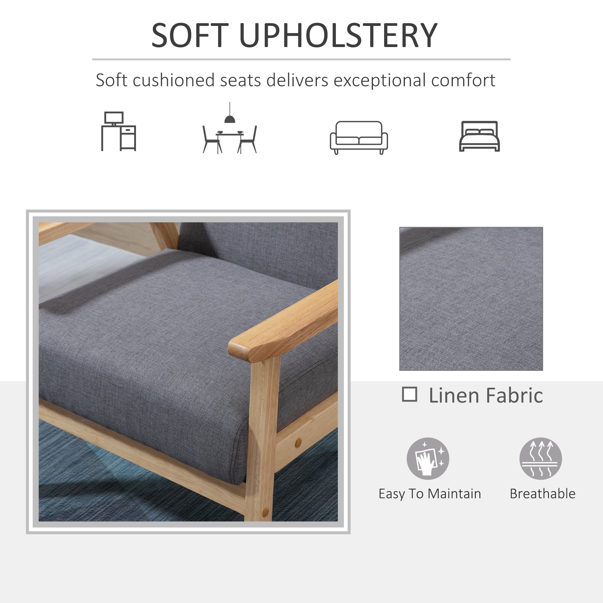HOMCOM Accent Chair Wood Frame with Thick Linen Cushions Wide Seat Armchair Home Furniture Bedroom Office Grey