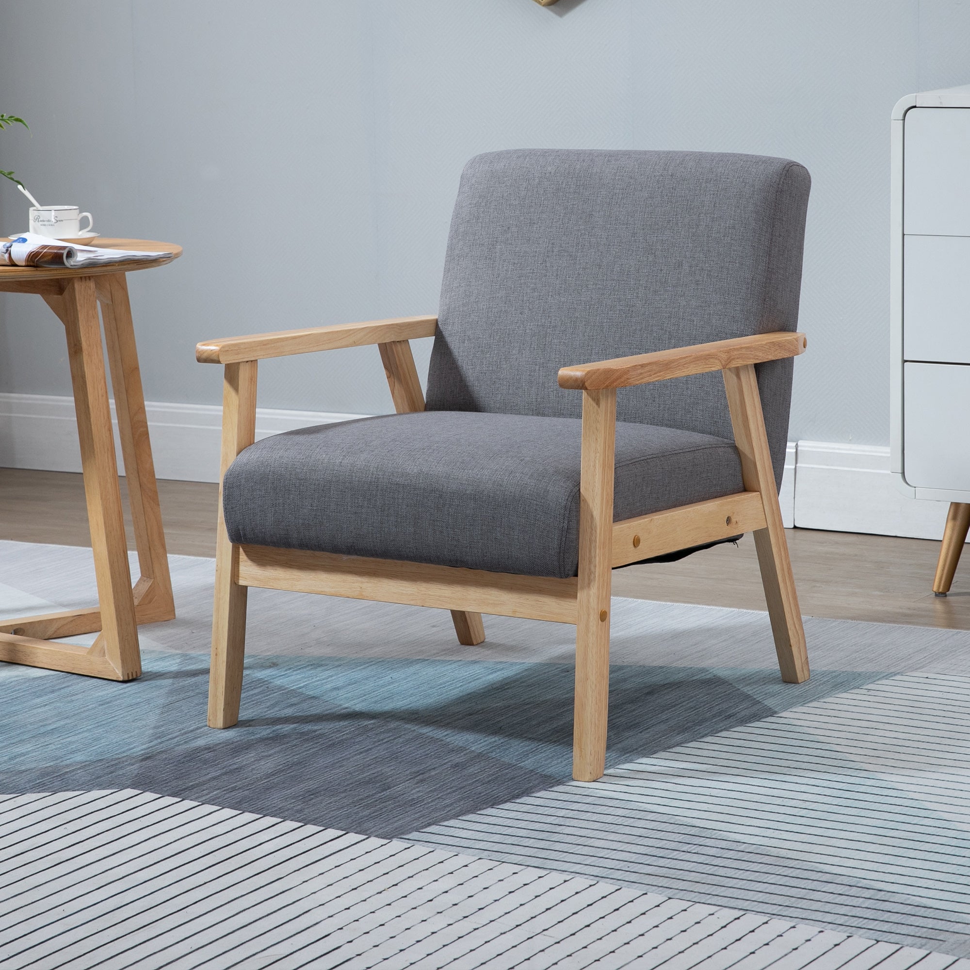 HOMCOM Accent Chair Wood Frame with Thick Linen Cushions Wide Seat Armchair Home Furniture Bedroom Office Grey