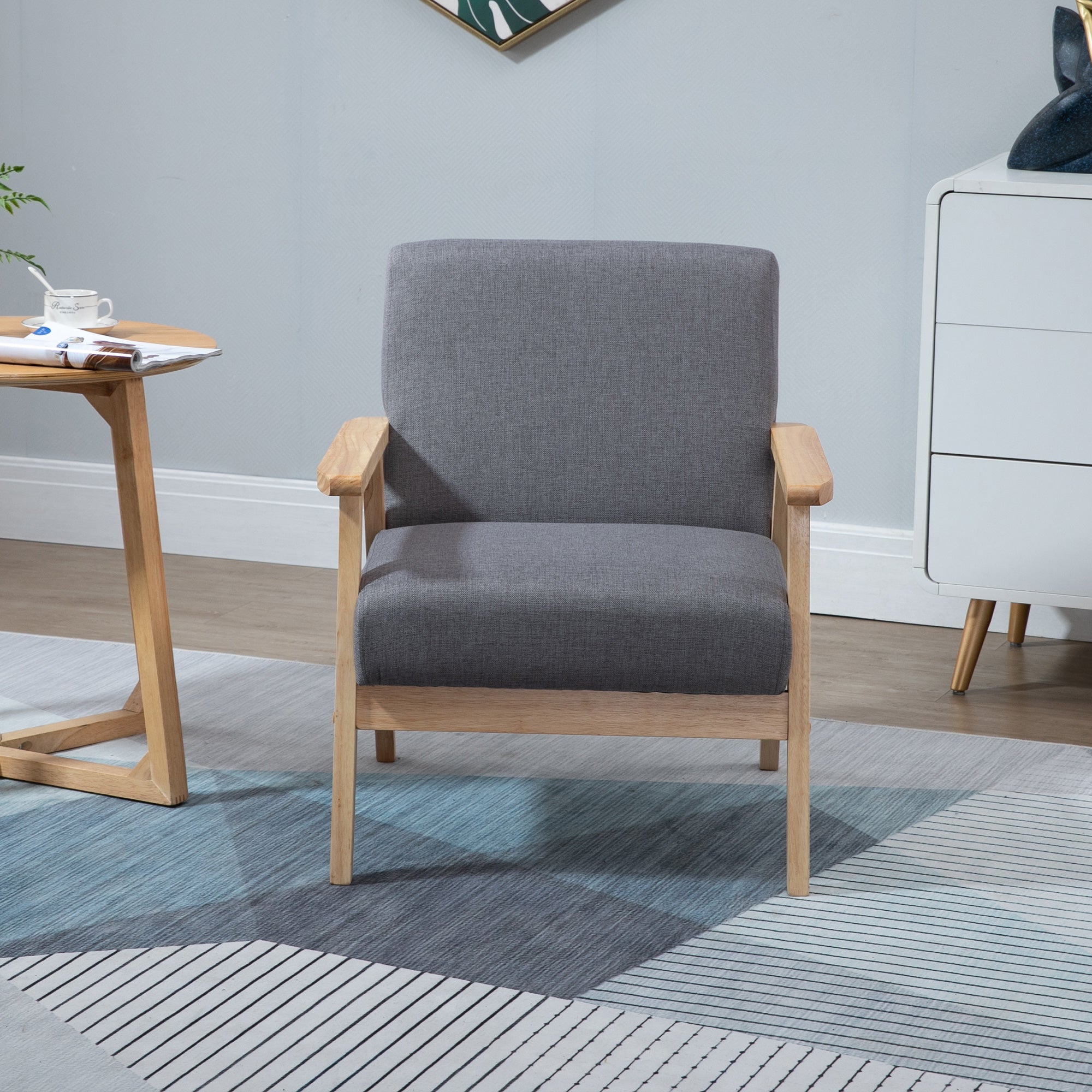 HOMCOM Accent Chair Wood Frame with Thick Linen Cushions Wide Seat Armchair Home Furniture Bedroom Office Grey