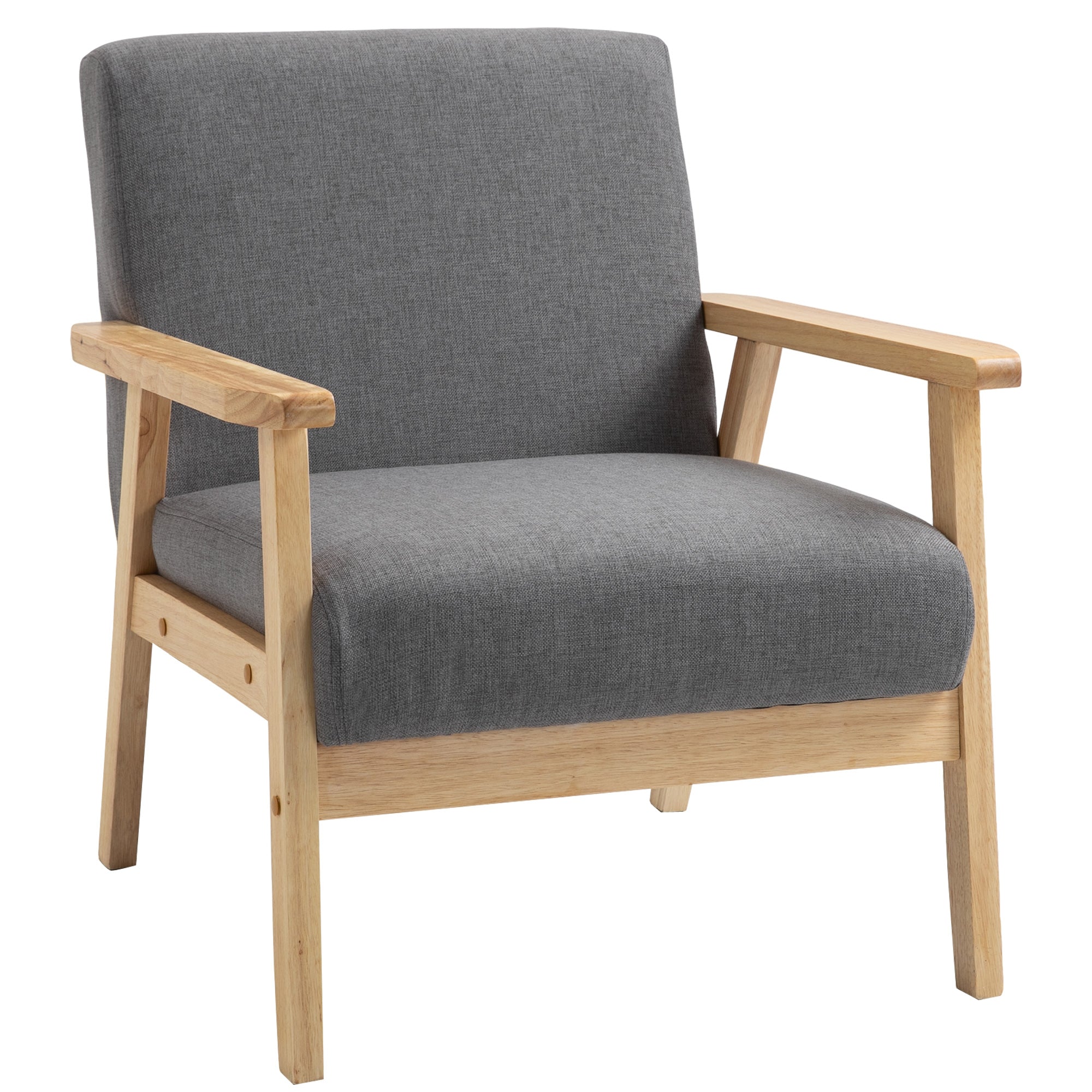 HOMCOM Accent Chair Wood Frame with Thick Linen Cushions Wide Seat Armchair Home Furniture Bedroom Office Grey