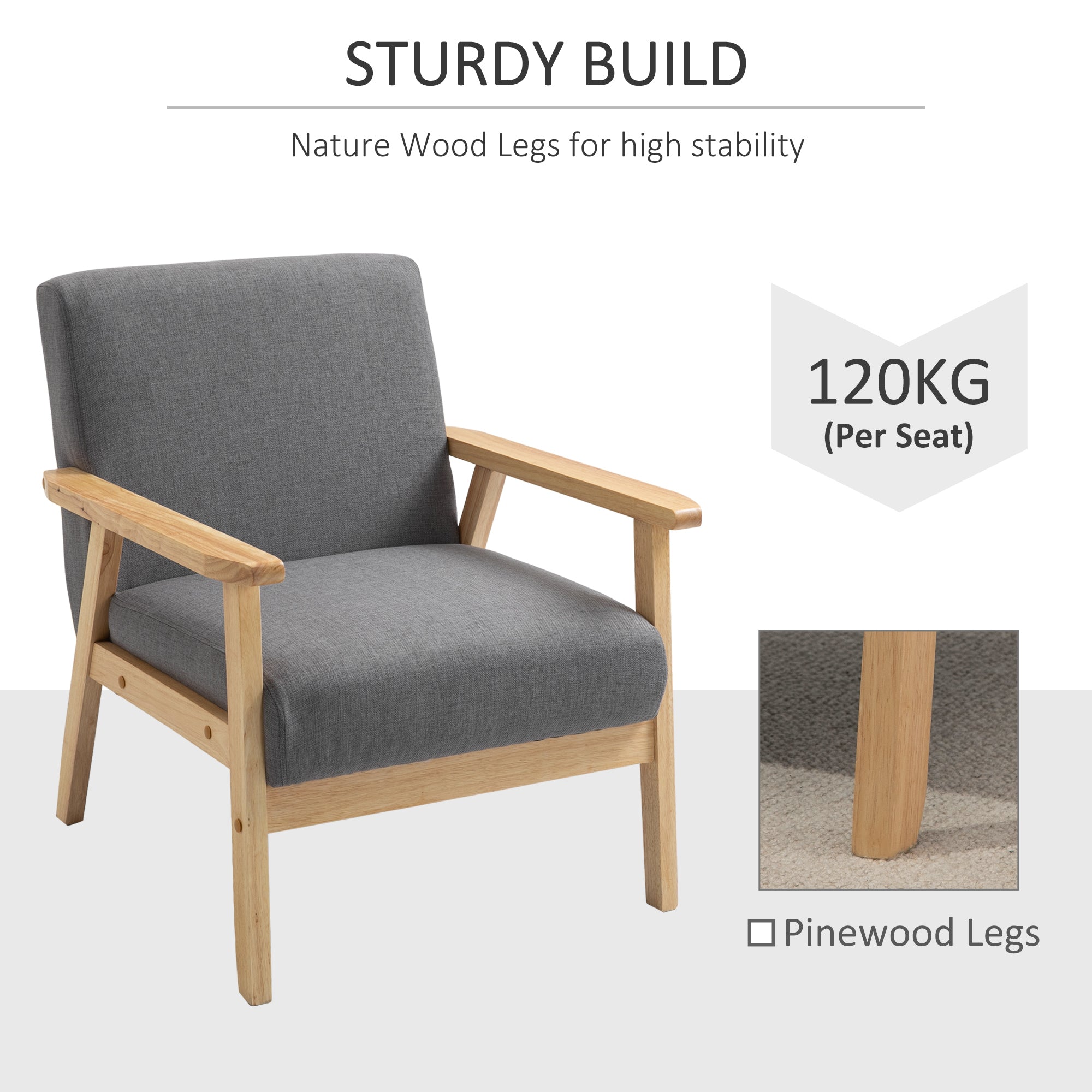 HOMCOM Accent Chair Wood Frame with Thick Linen Cushions Wide Seat Armchair Home Furniture Bedroom Office Grey
